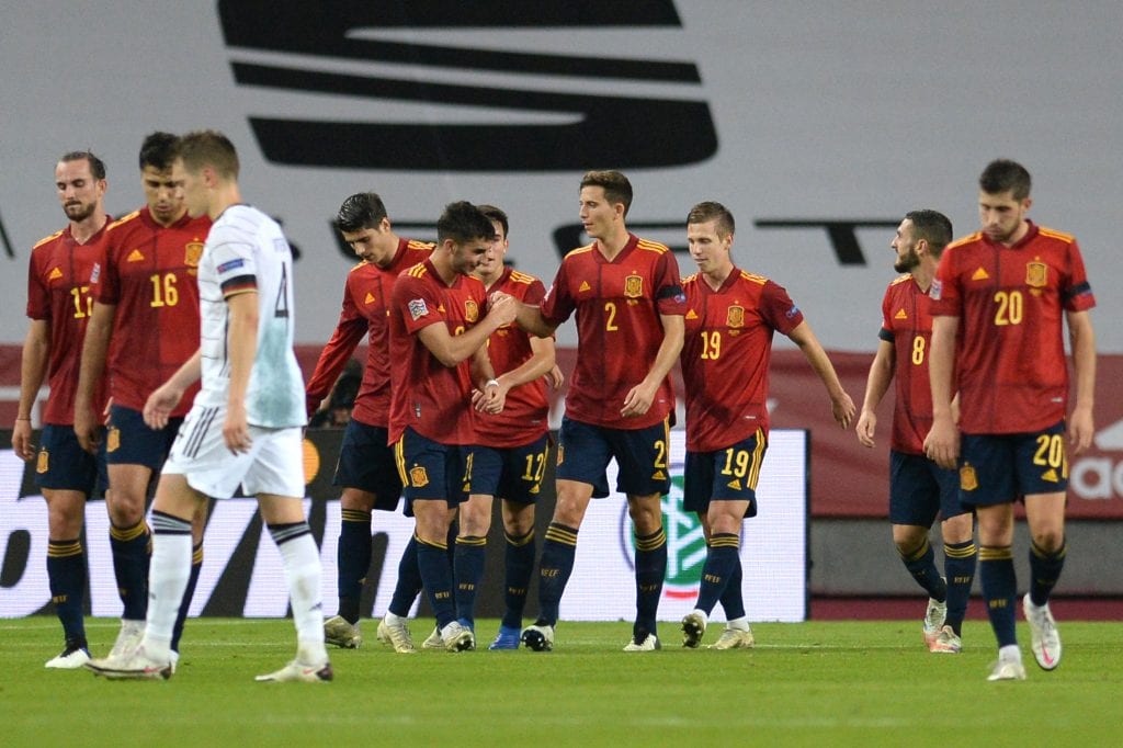 Spain celebrate during their 6-0 defeat over Germany in the UEFA Nations League, ahead of Euro 2020.