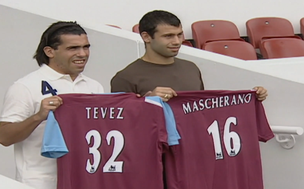 Carlos Tevez and Javier Mascherano posing with West Ham shirts