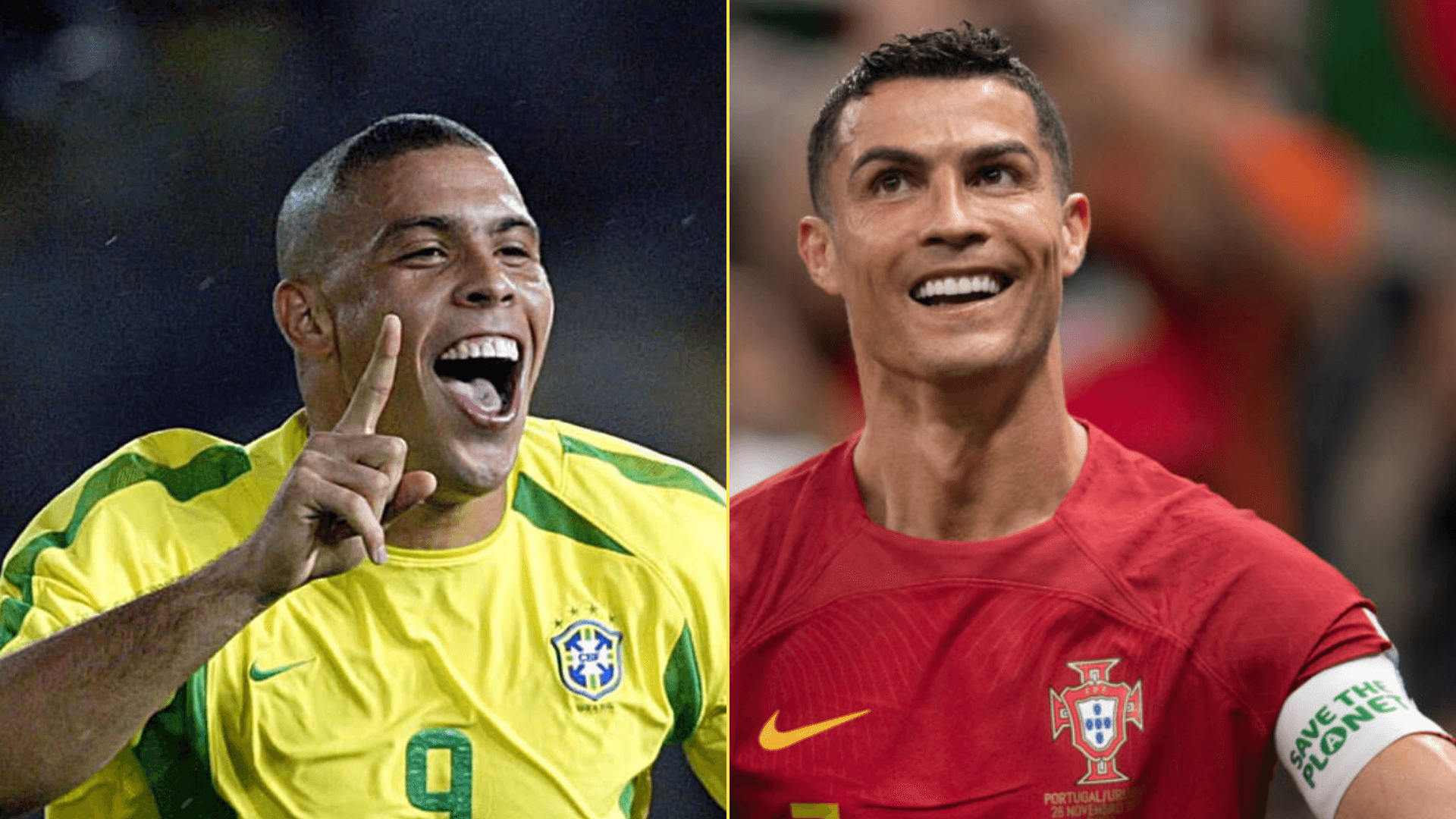 Split image of Ronaldo Nazario and Cristiano Ronaldo playing for their countries