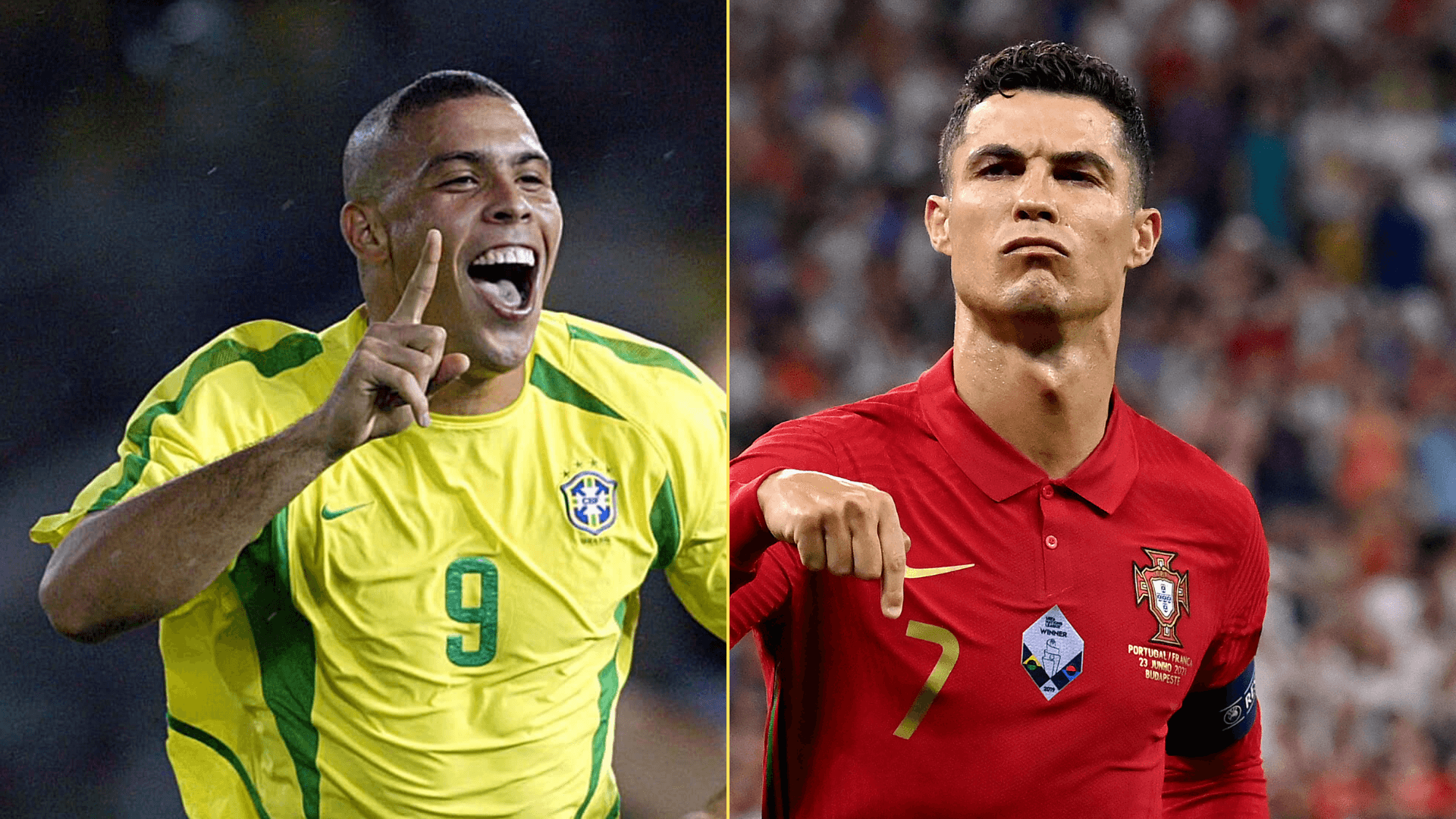 Split image of Ronaldo Nazario and Cristiano Ronaldo celebrating goals