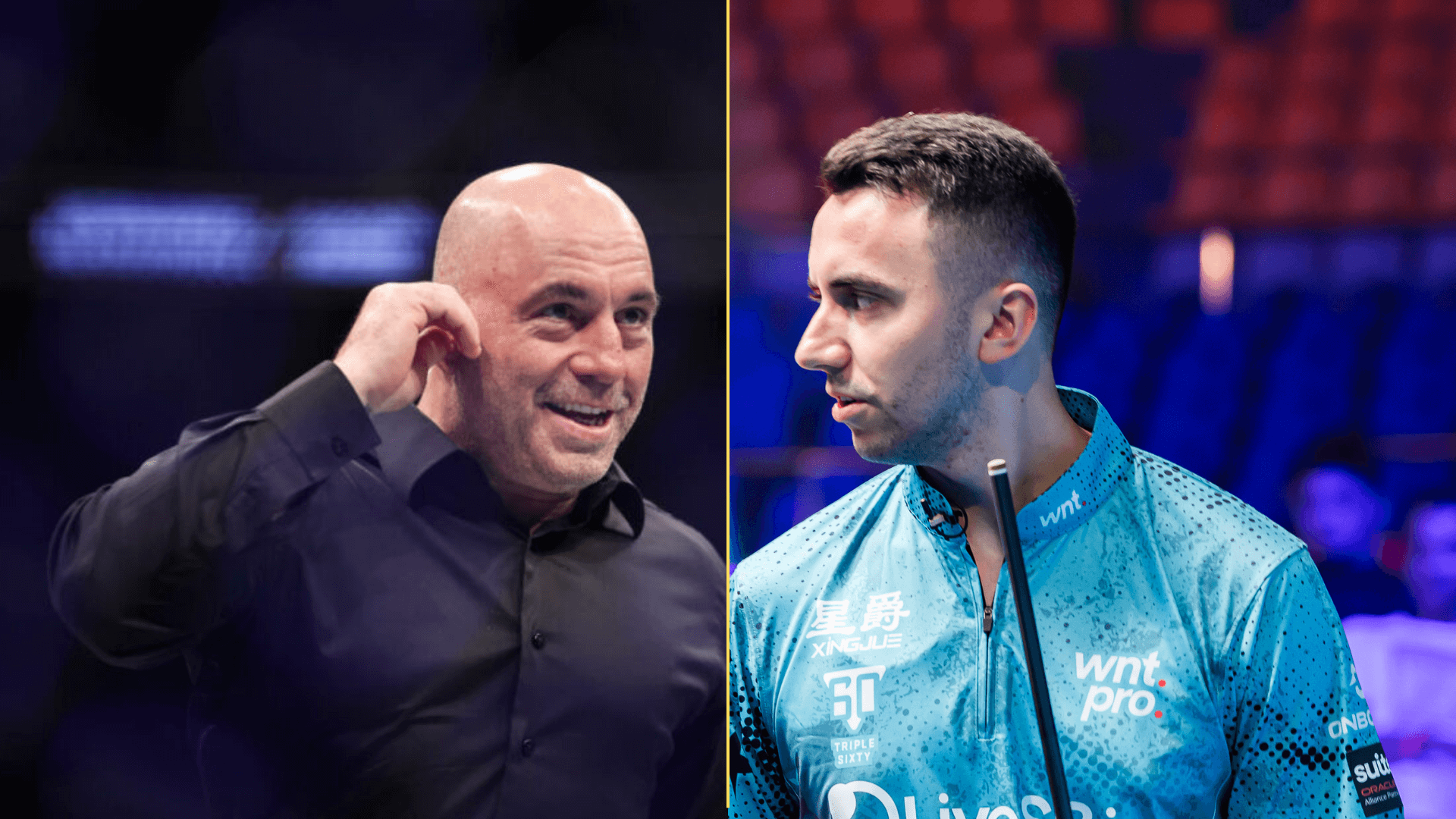 Split image of Joe Rogan at a UFC event and Fedor Gorst playing at the Reyes Cup