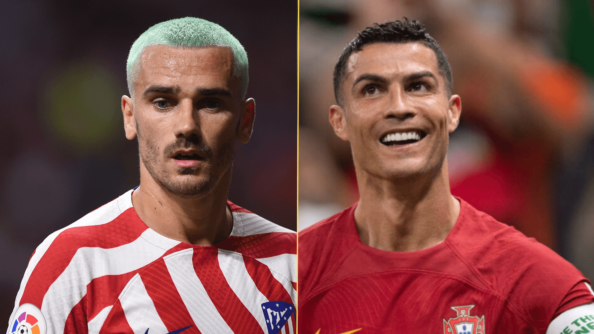 Split image of Antoine Griezmann and Cristiano Ronaldo playing football