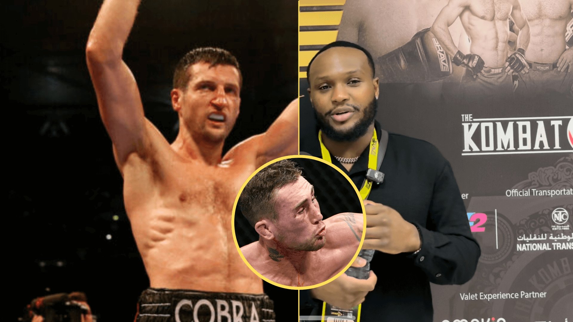 Split image of Carl Froch celebrating and Viddal Riley being interviewed with inset of Darren Till