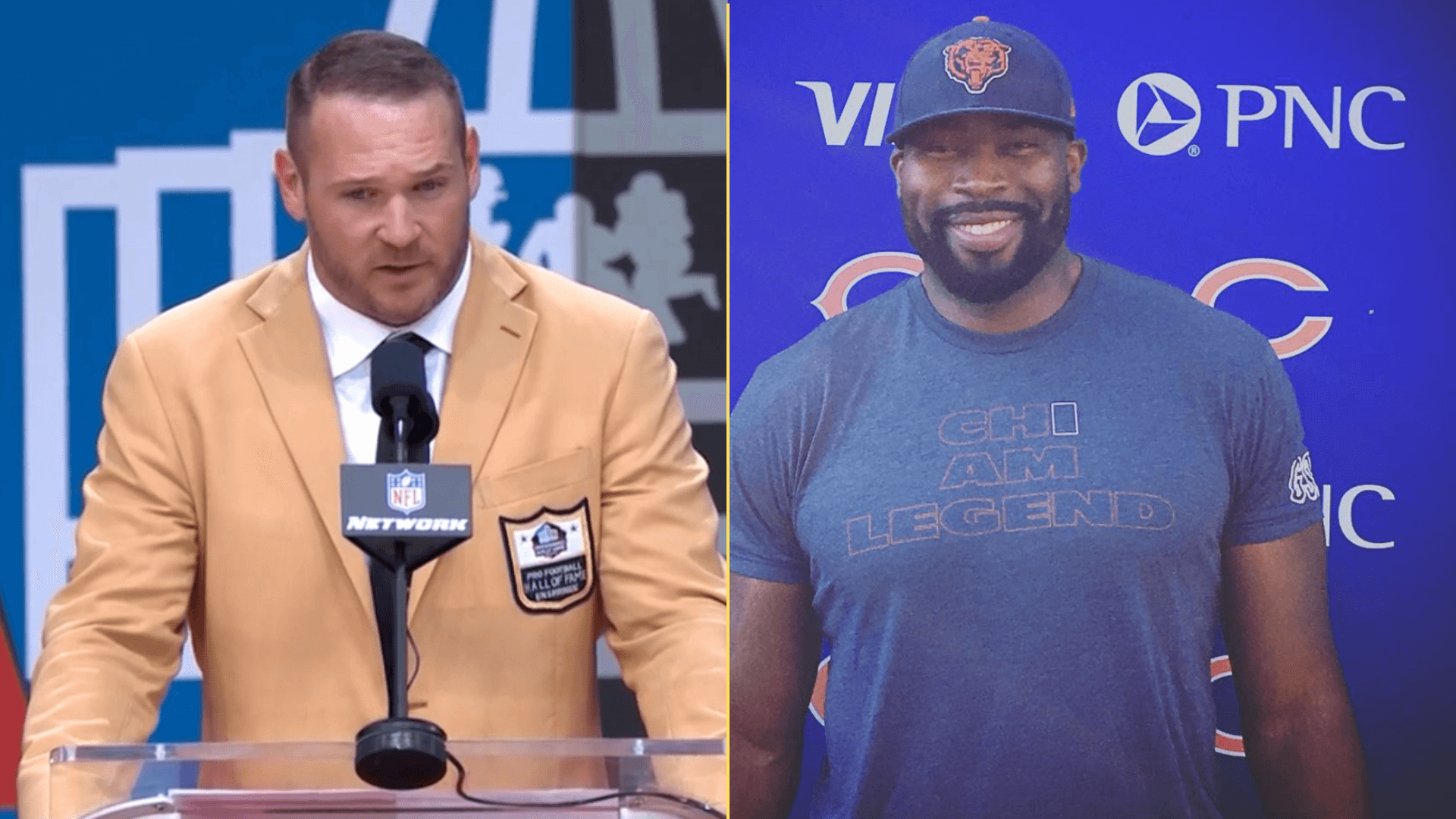 Split image of Brian Urlacher at his HOF induction and Israel Idonije at a Chicago Bears event