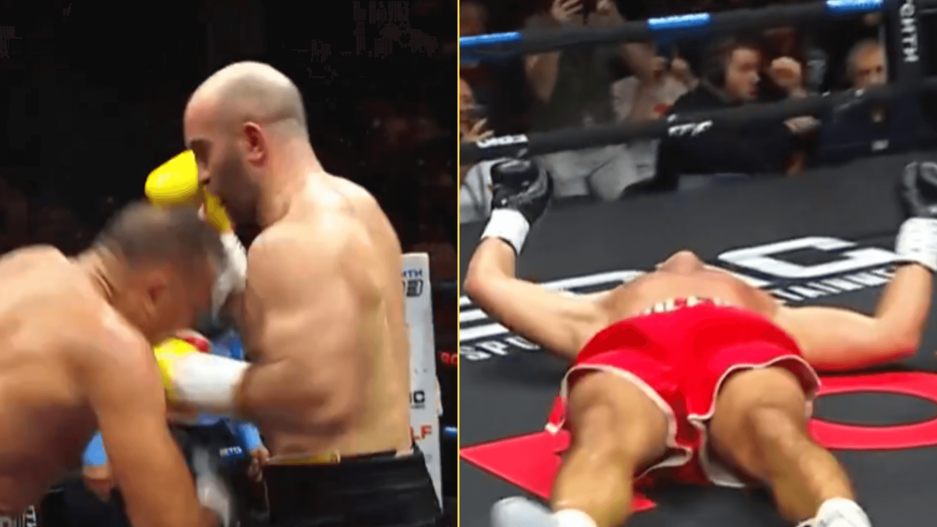 Split image of Murat Gassiev punching Kubrat Pulev and Kubrat Pulev knocked out