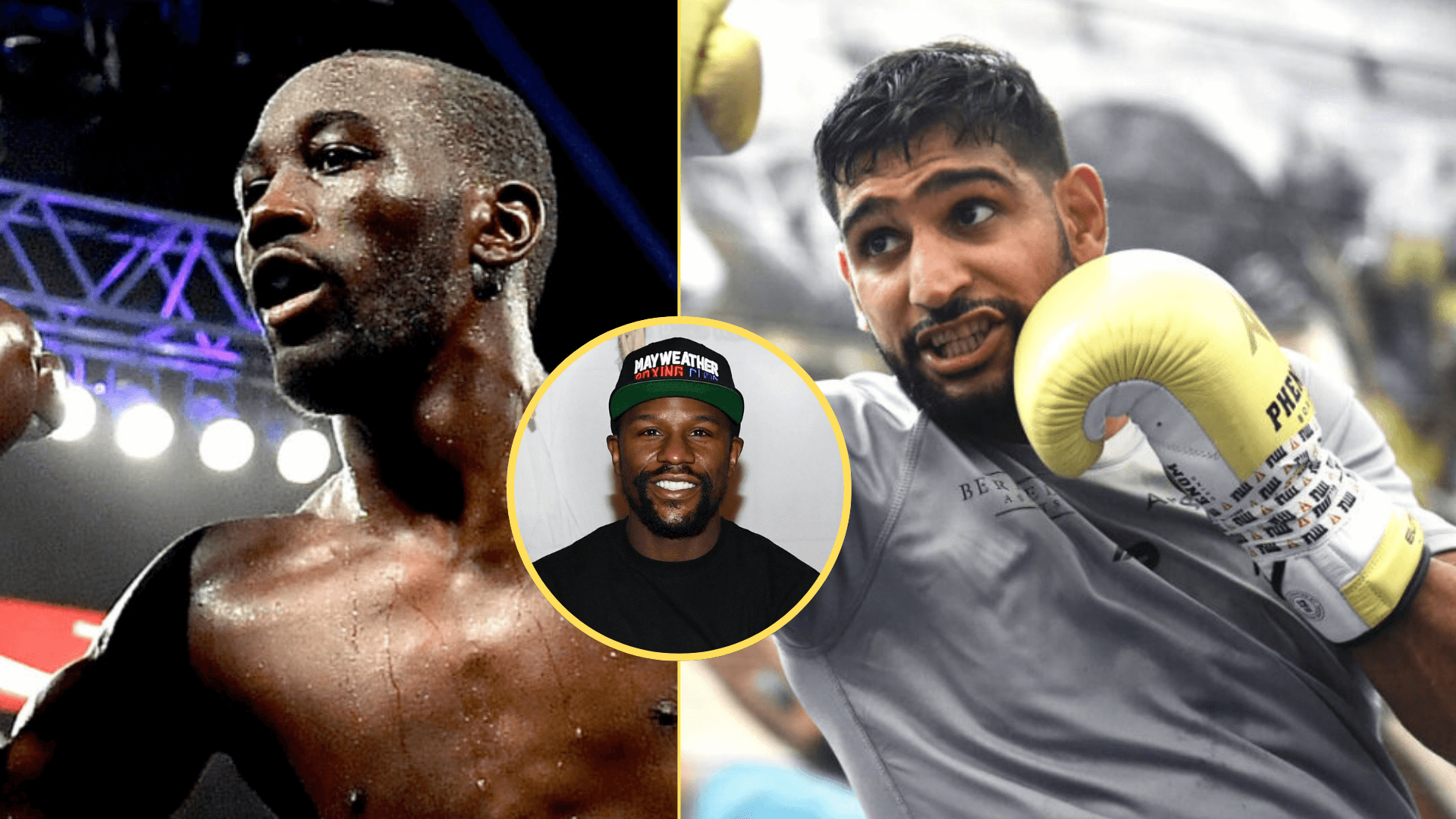 Split image of Terence Crawford celebrating and Amir Khan training with an inset of Floyd Mayweather