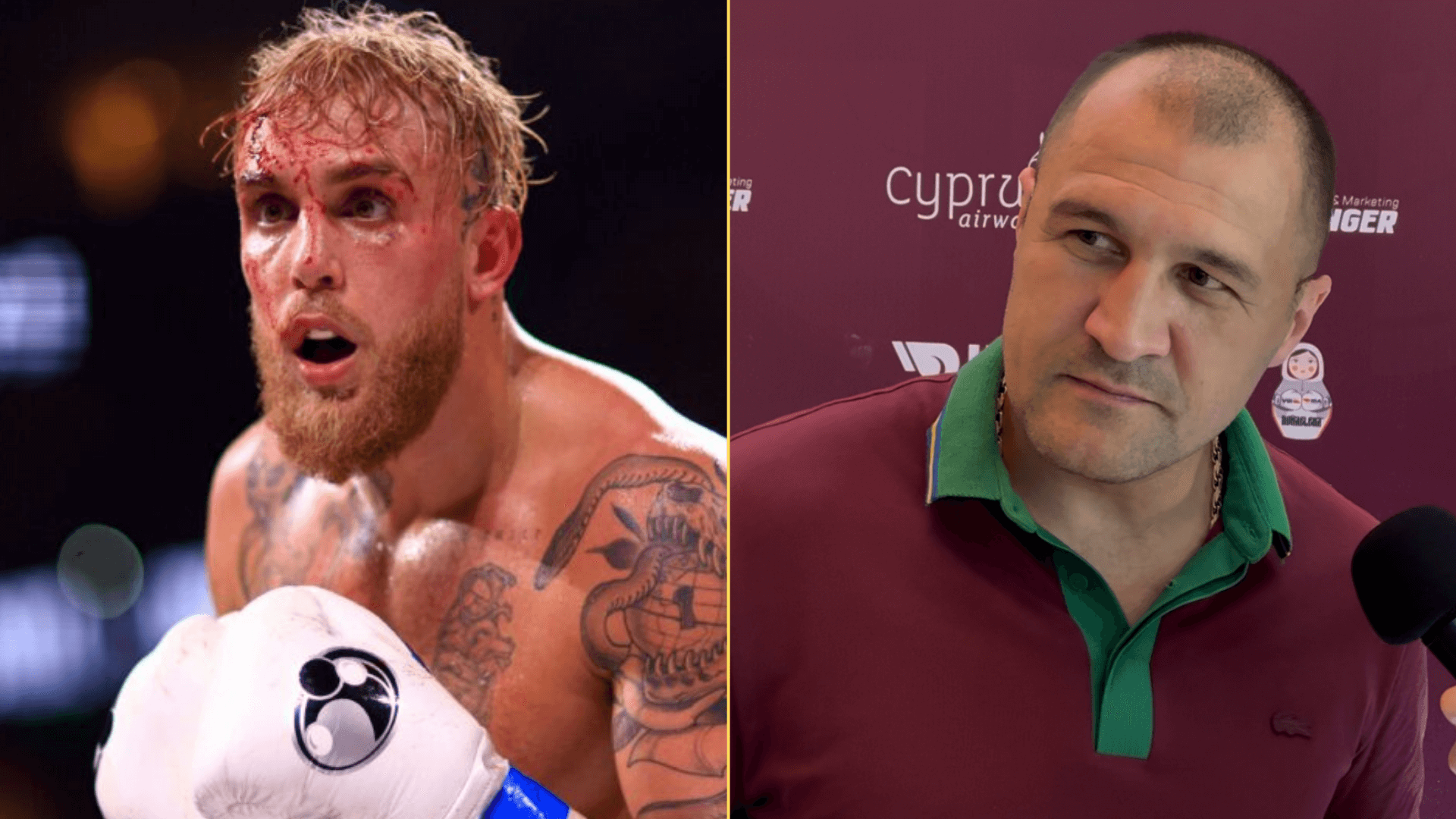 Split image of Jake Paul boxing and Sergey Kovalev being interviewed
