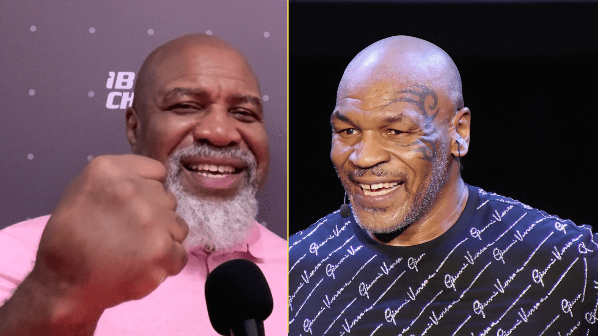 Split image of Shannon Briggs being interviewed and Mike Tyson at a media event