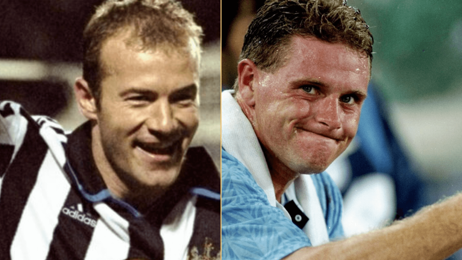 Split image of Alan Shearer and Paul Gascogine in football kits