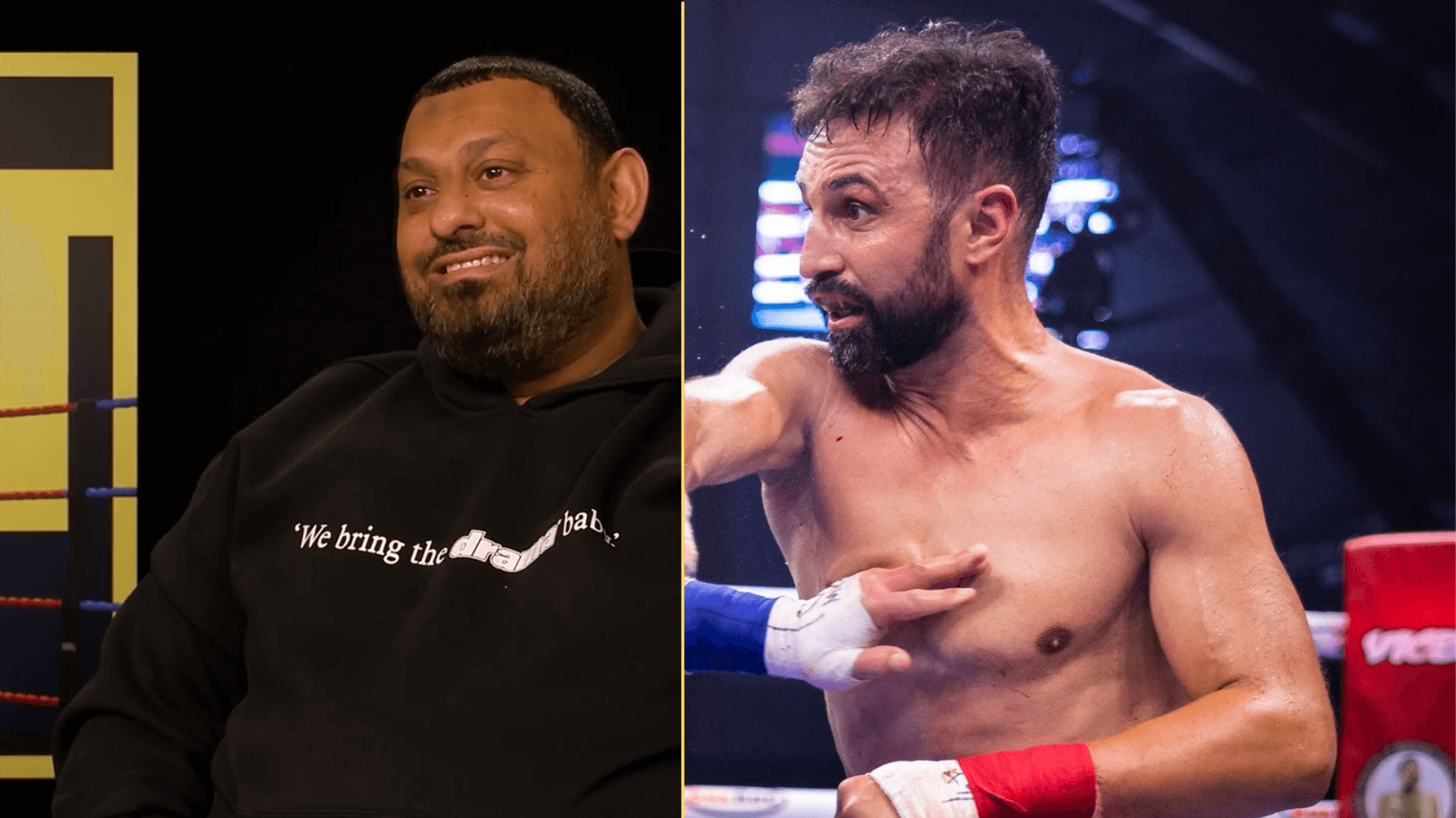 Split image of Prince Naseem Hamed being interviewed and Paulie Malignaggi fighting in BKB