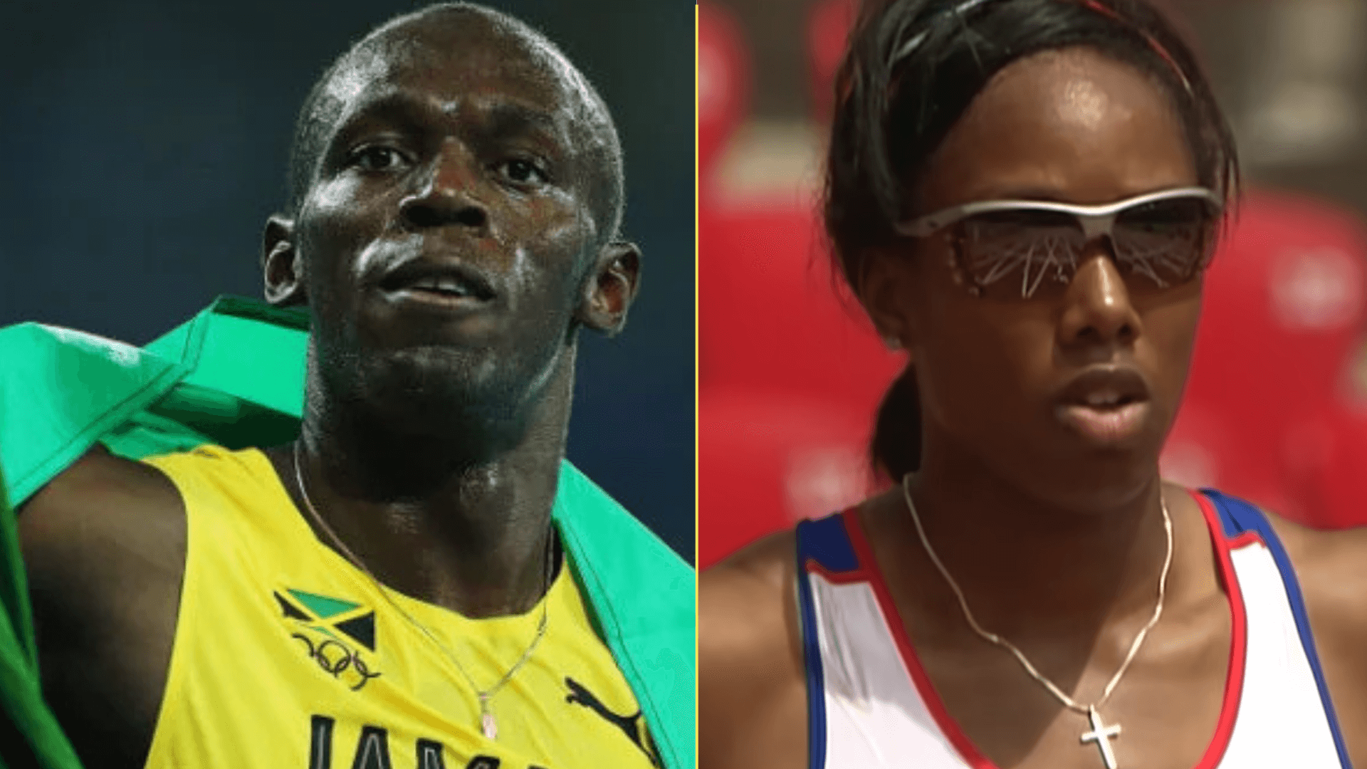 Split image of Usain Bolt and Montell Douglas in their racing gear
