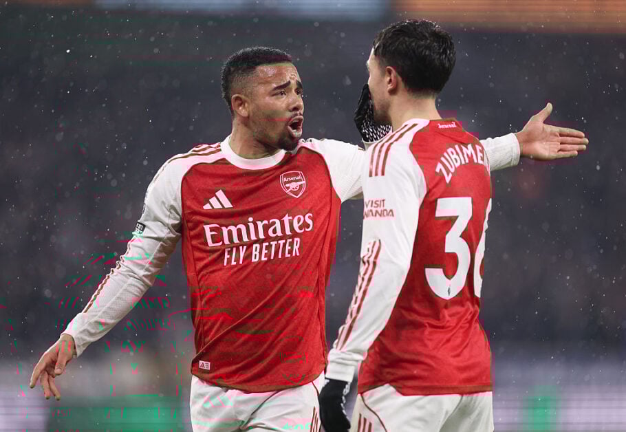 Gabriel Jesus with Martin Zubimendi during Wolves vs Arsenal