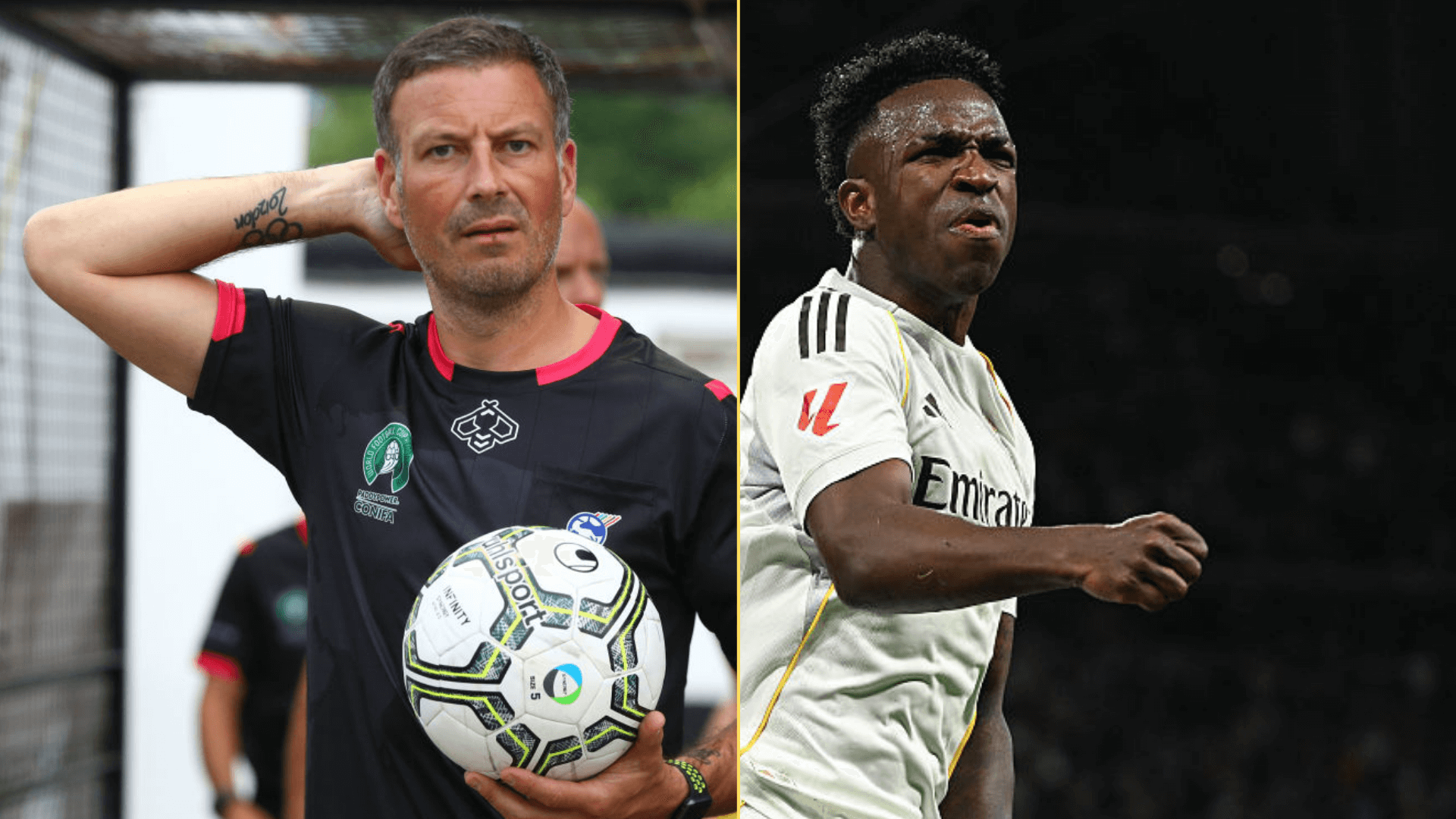 Split image of Mark Clattenburg in his refereeing gear and Vinicius Jr celebrating