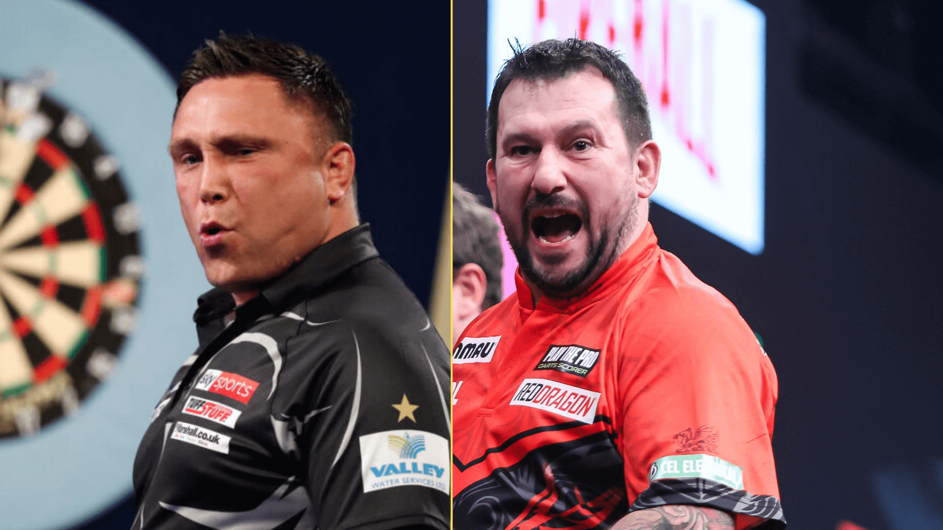 Split image of Gerwyn Price and Johnny Clayton celebrating