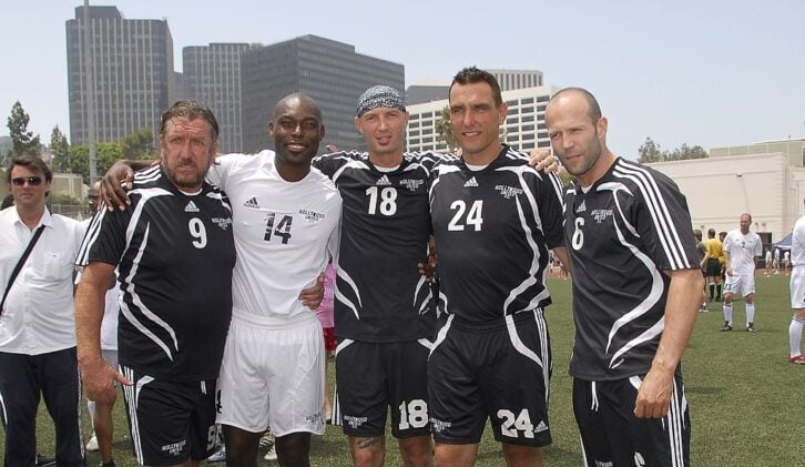 Steve Jones, Jimmy Jean-Louis, Frank Leboeuf, Vinnie Jones, and Jason Statham pose ahead of Hollywood United match