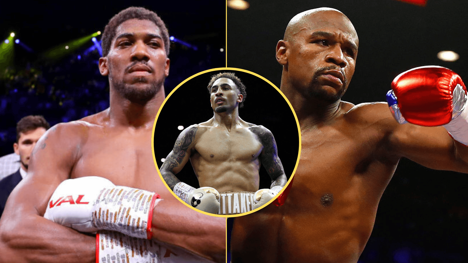 Split image of Anthony Joshua and Floyd Mayweather in the boxing ring with an inset of Ben Whittaker