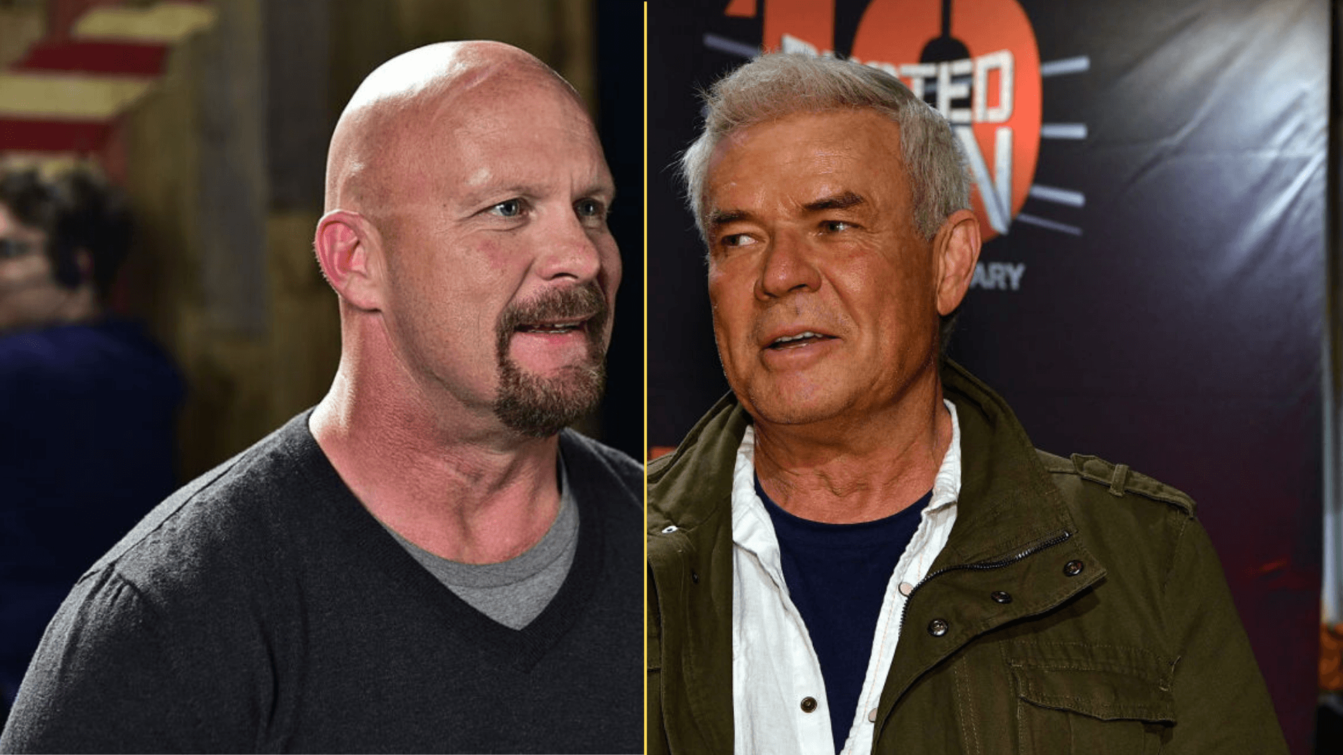 Split image of Steve Austin shooting a commercial and Eric Bischoff at a SiriusXM event