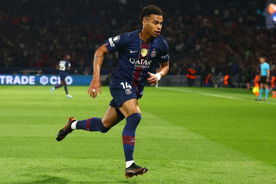 Desire Doue celebrating after scoring against Liverpool