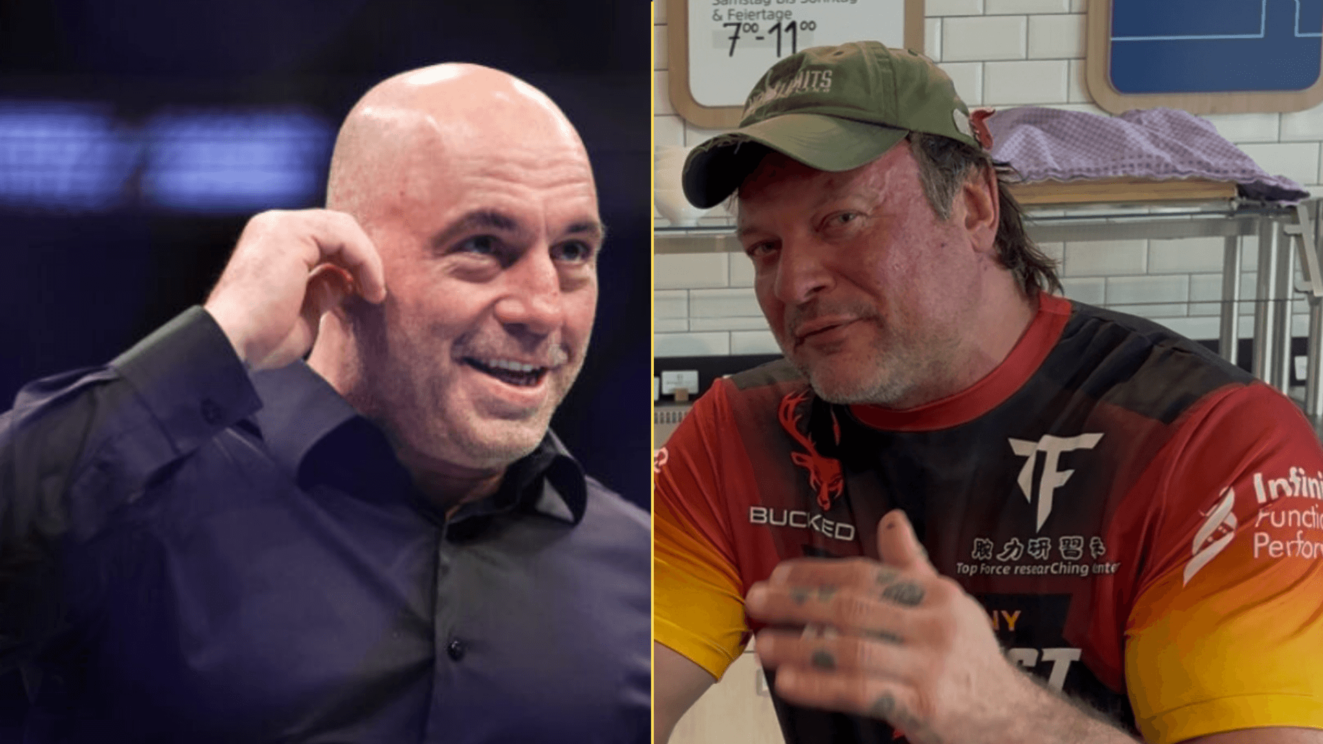 Split image of Joe Rogan in the octagon and Devon Larratt being interviewed