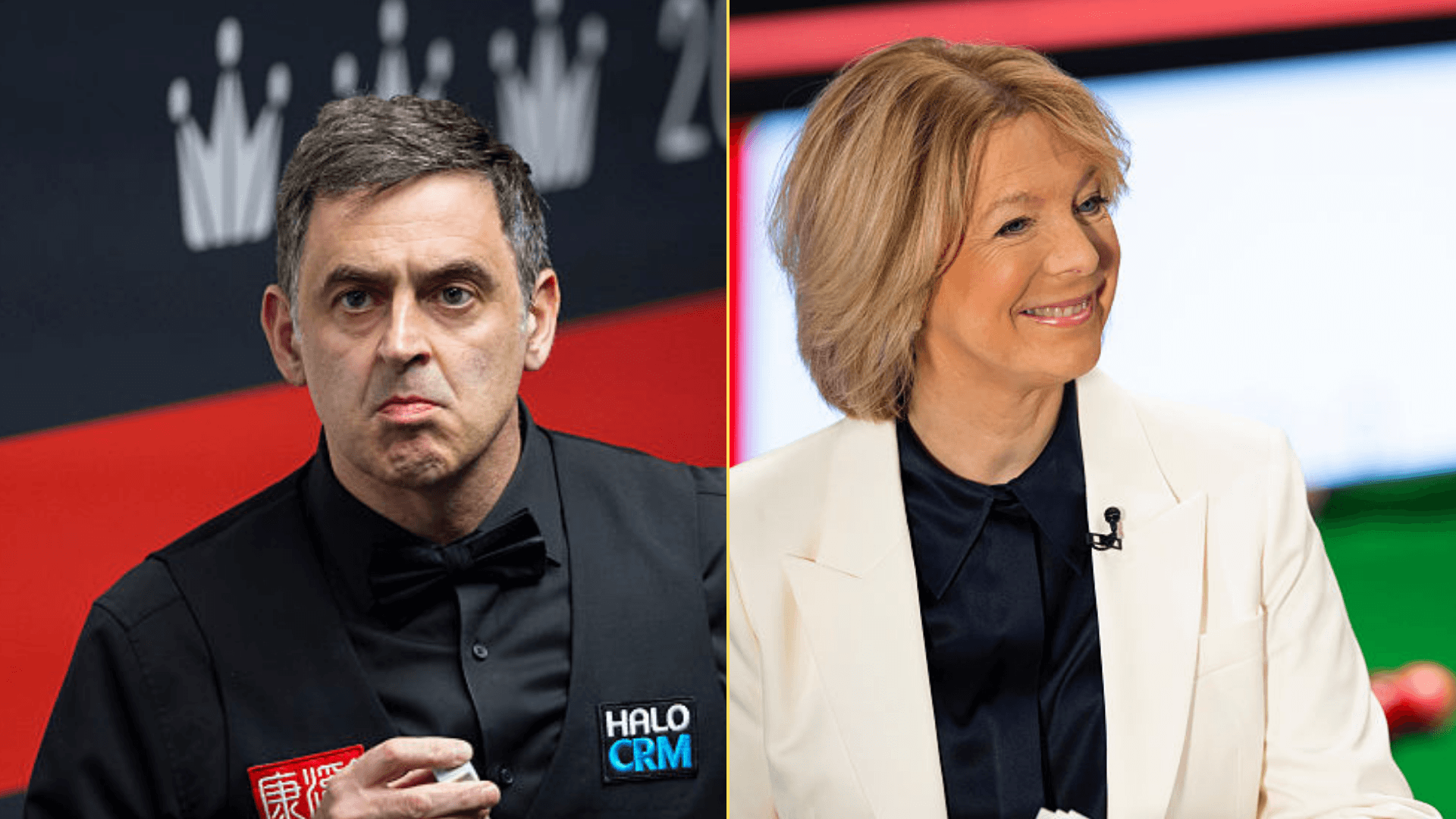 Split image of Ronnie O'Sullivan and Hazel Irvine at the World Snooker Championship