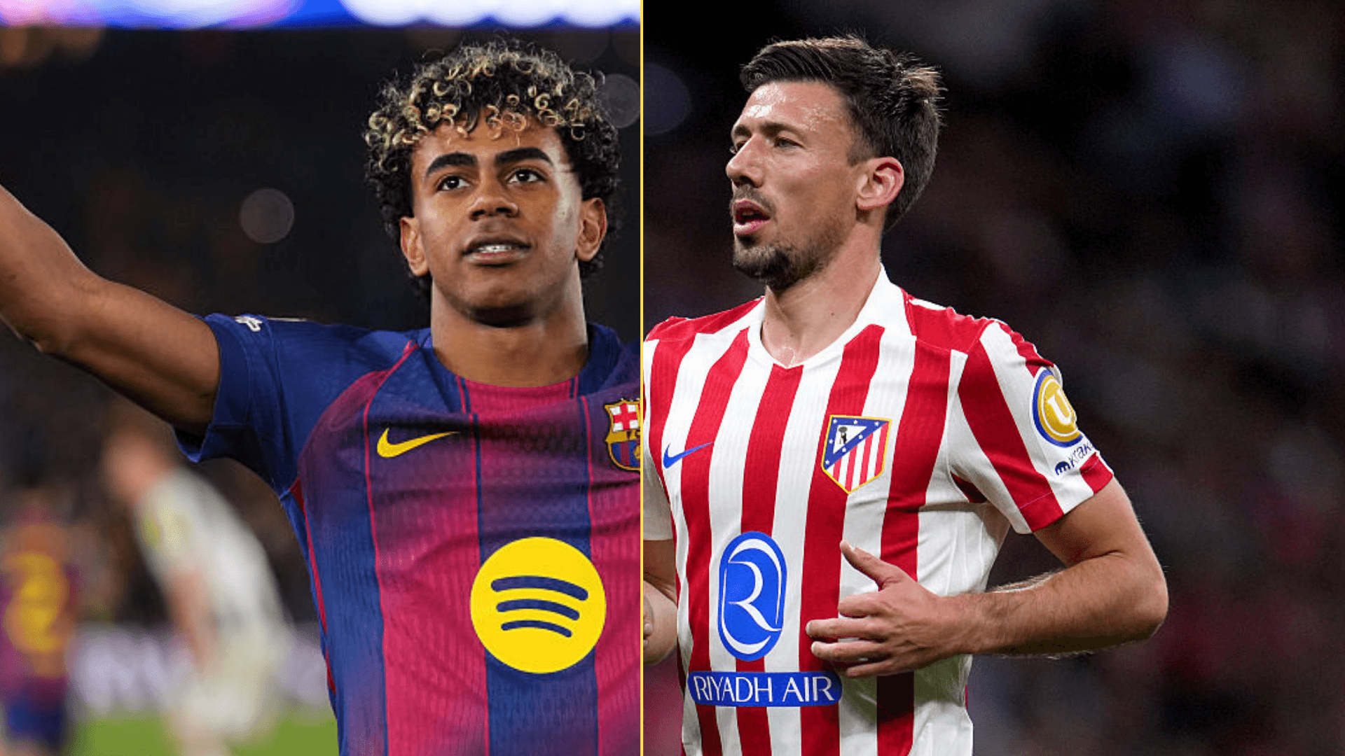 Split image of Lamine Yamal and Clement Lenglet playing football