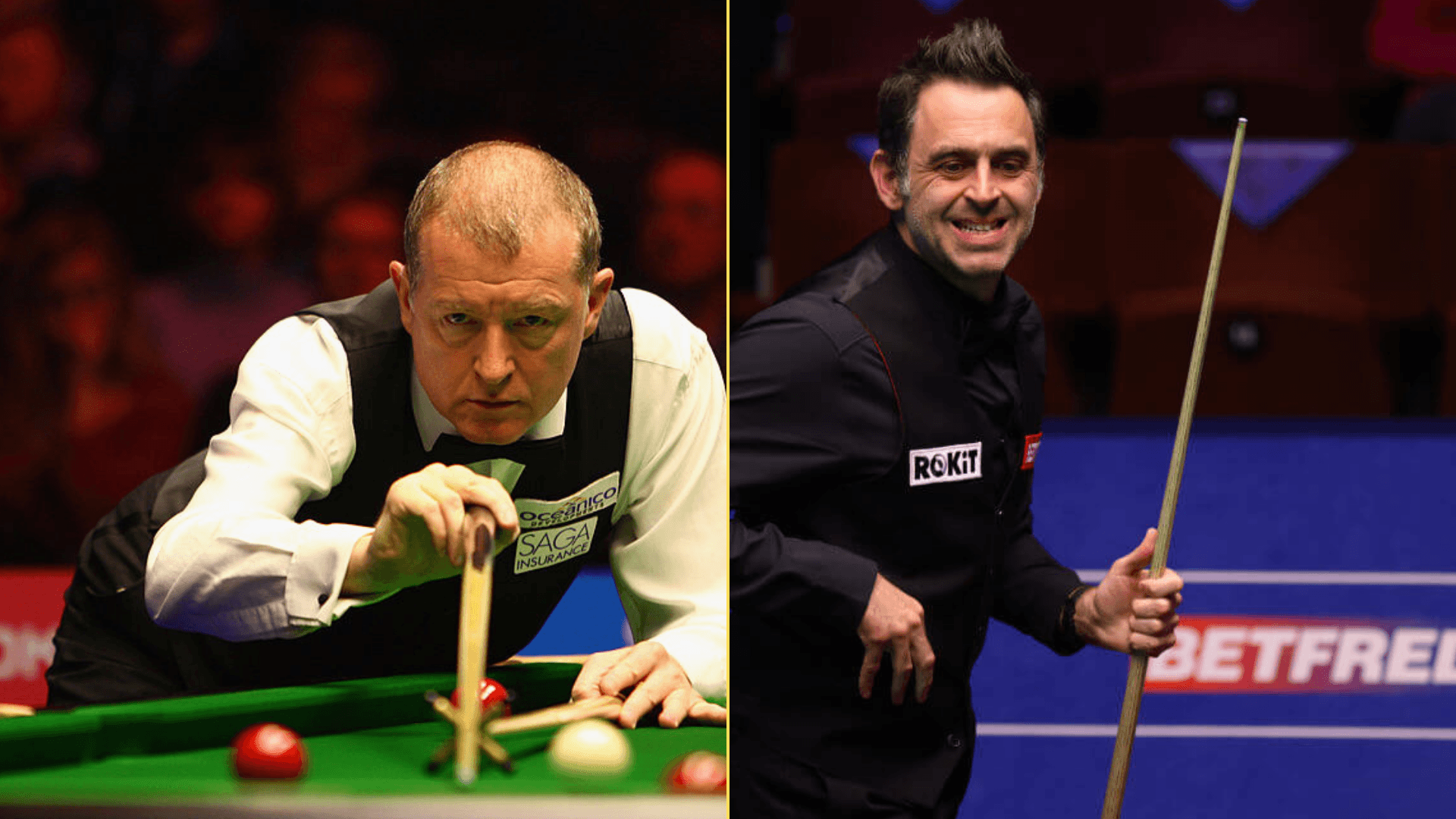 Split image of Steve Davis and Ronnie O'Sullivan playing snooker