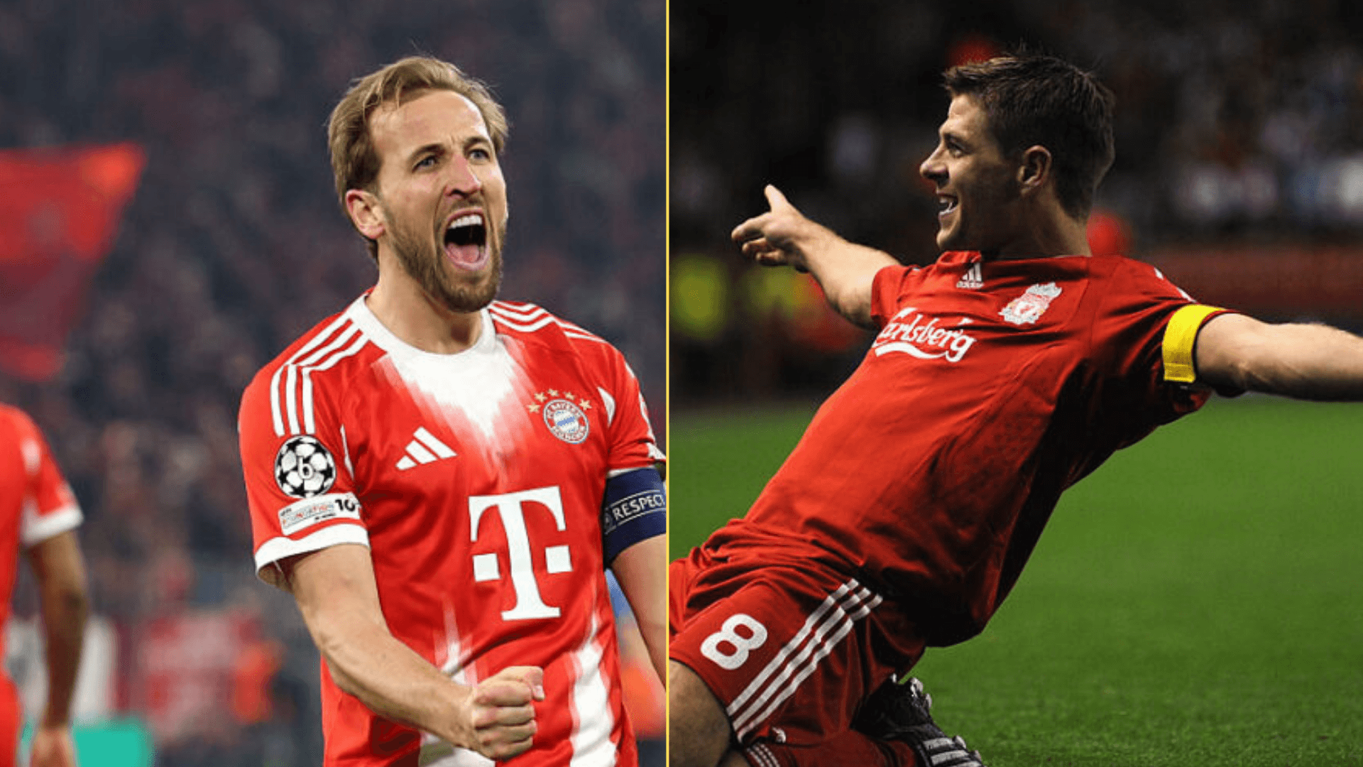 Split image of Harry Kane and Steven Gerrard celebrating