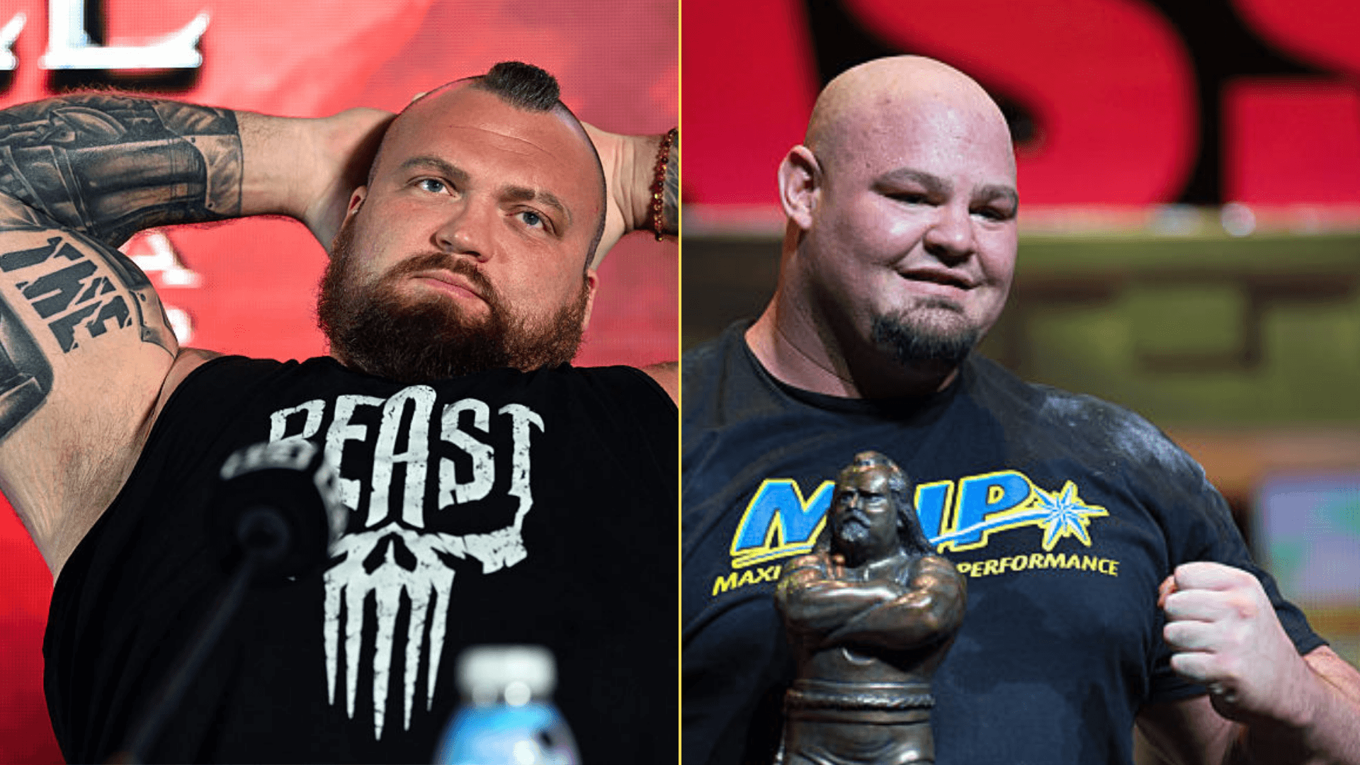 Split image of Eddie Hall at a press conference and Brian Shaw at the Arnold Sports Classic