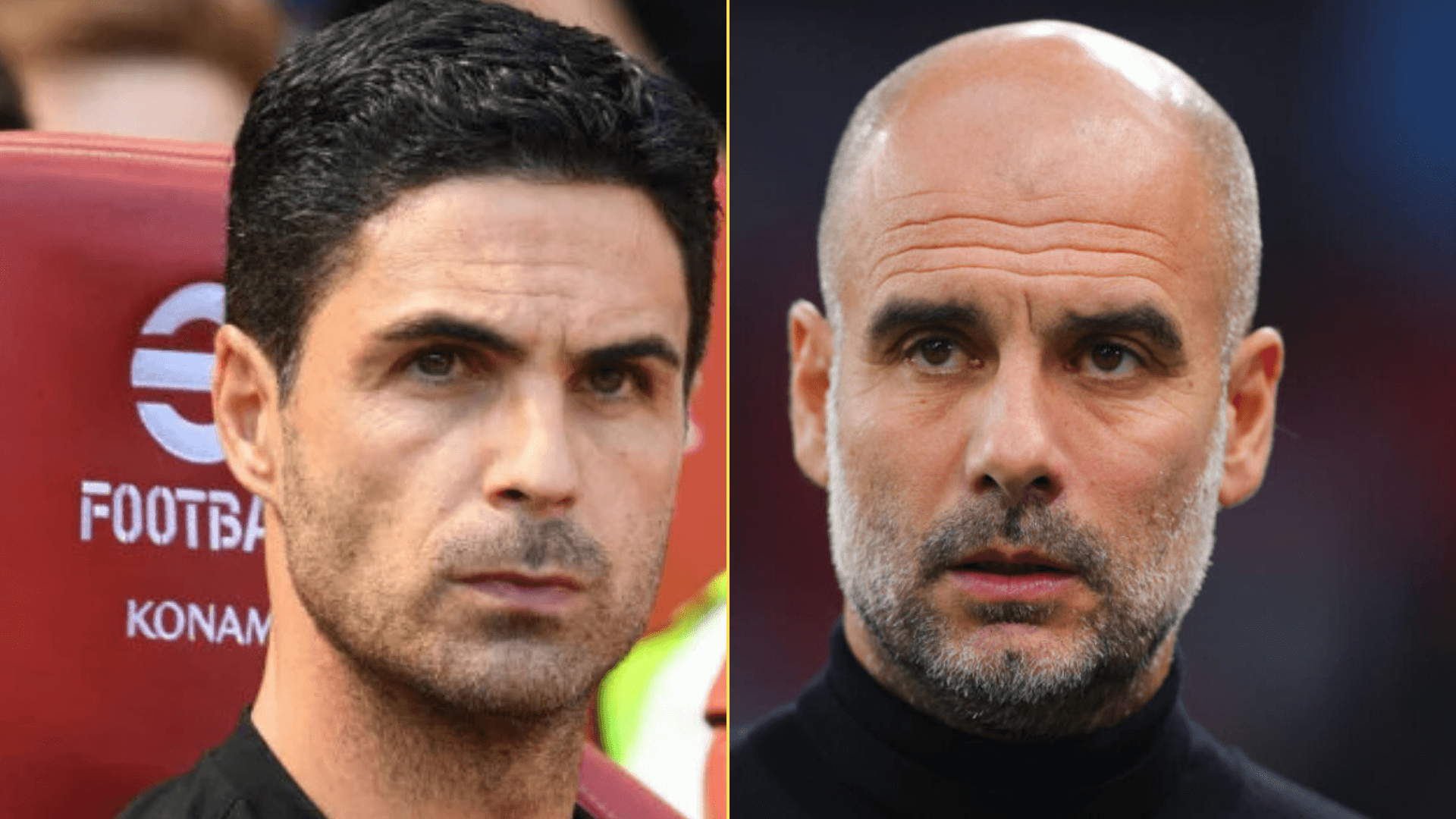 Split image of Mikel Arteta during an Arsenal match and Pep Guardiola during a Manchester City match