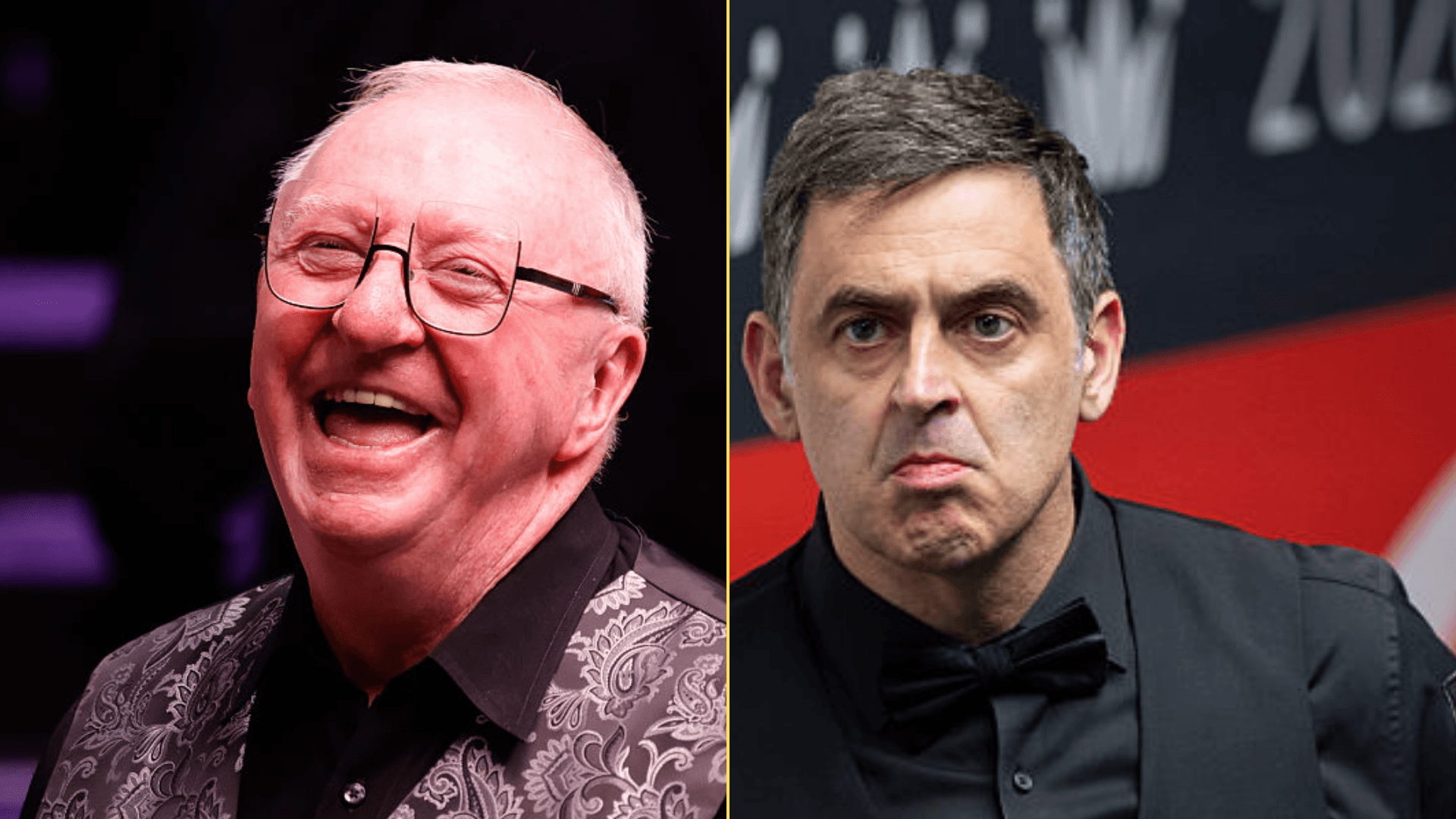 Split image of Dennis Taylor and Ronnie O'Sullivan playing snooker