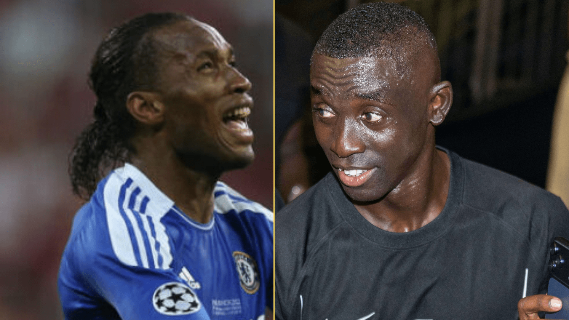 Split image of Didier Drogba playing for Chelsea and Papiss Cisse in his Team Legends kit during Baller League final