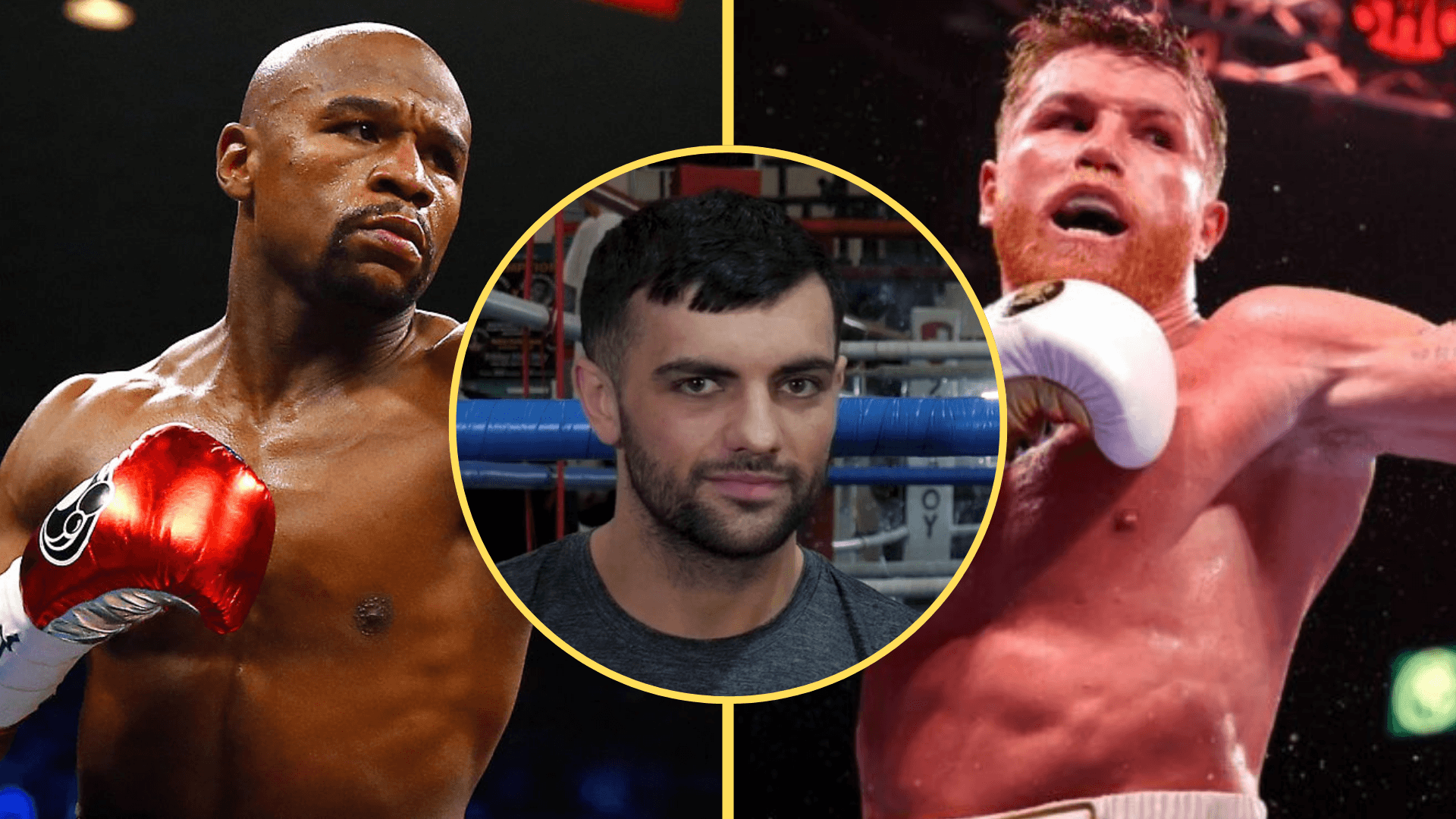 Split image of Floyd Mayweather and Canelo Alvarez boxing with an inset of Jack Catterall