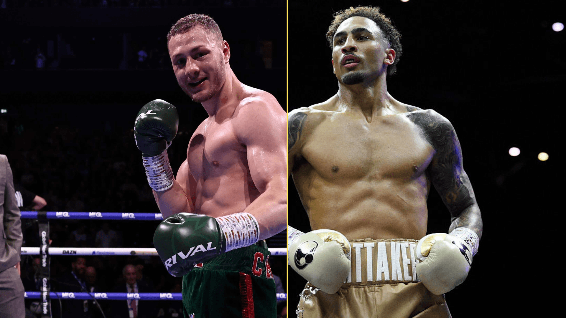 Split image of Zak Chelli celebrating and Ben Whittaker during a fight