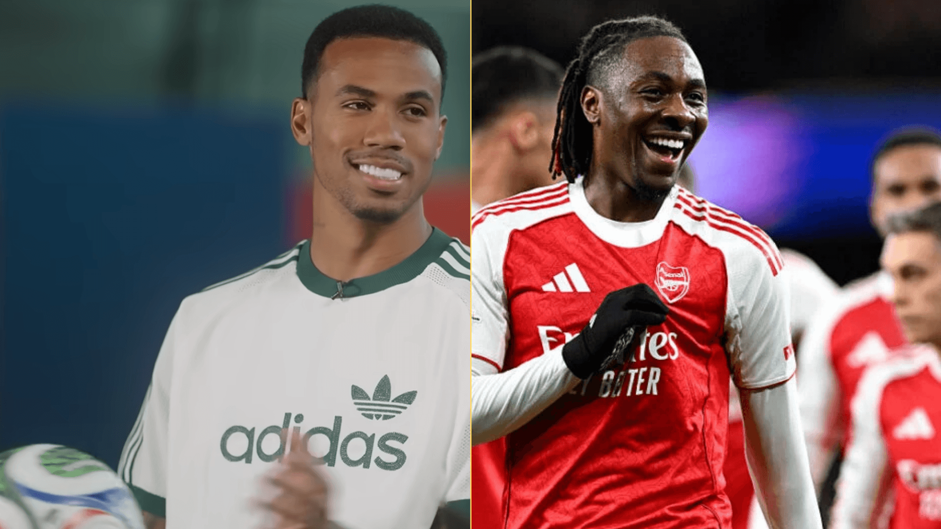 Split image of Gabriel being interviewed and Eberechi Eze playing for Arsenal