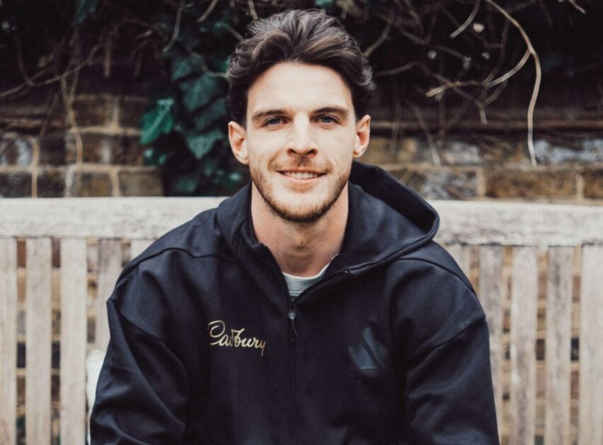 Declan Rice in Cadbury-branded clothing