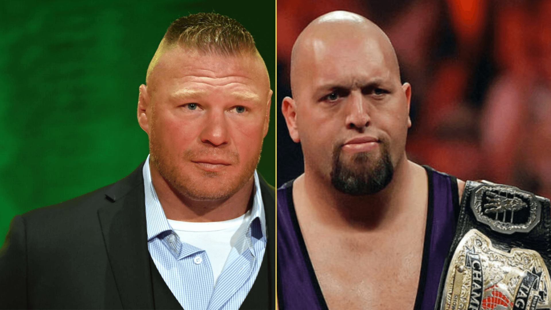 Split image of Brock Lesnar at a press conference and Paul Wight as The Big Show, in the wrestling ring