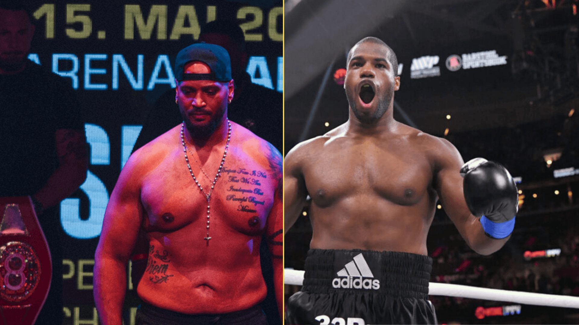 Split image of Nick Webb weighing in and Daniel Dubois celebrating