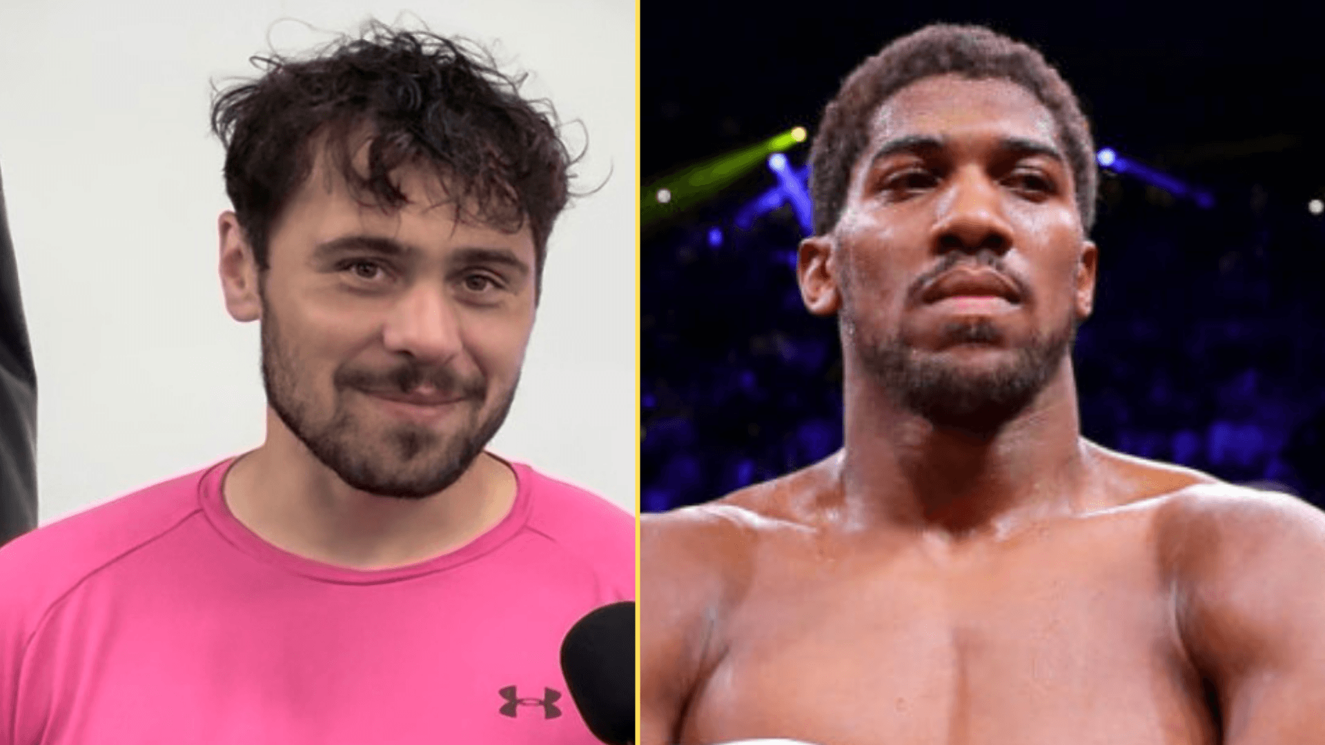 Split image of Dave Allen being interviewed and Anthony Joshua celebrating