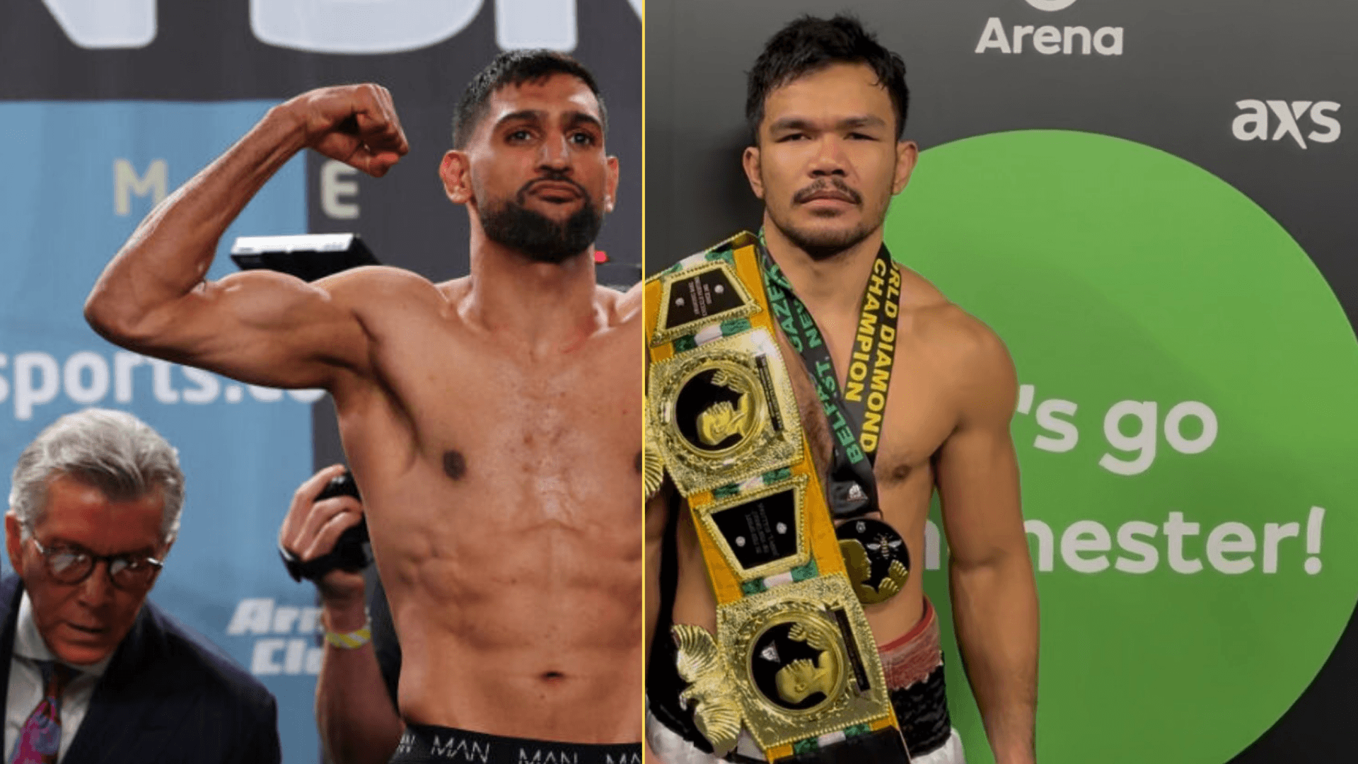 Split image of Amir Khan weighing-in and Rolando Dy with his BKB belt