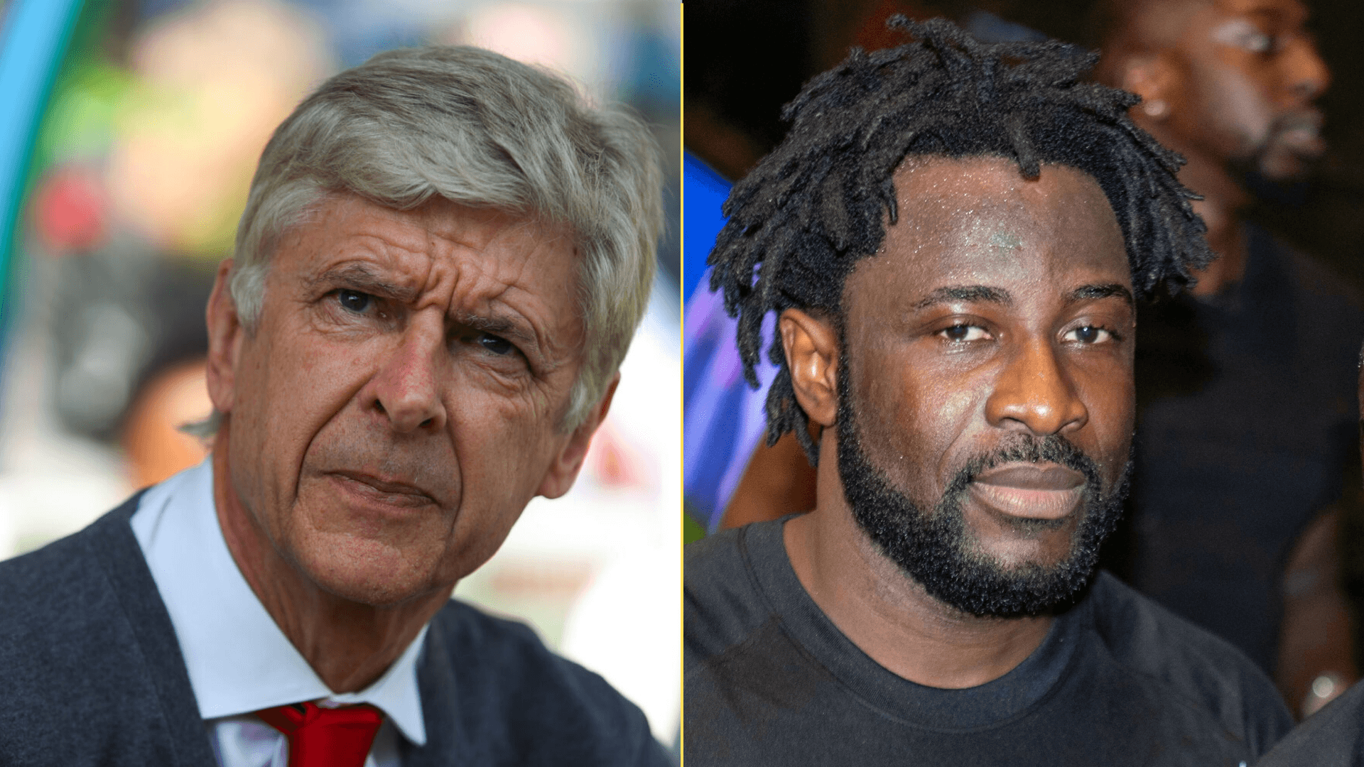 Split image of Arsene Wenger during an Arsenal match and Wilfried Bony representing Team Legends at the Baller League final