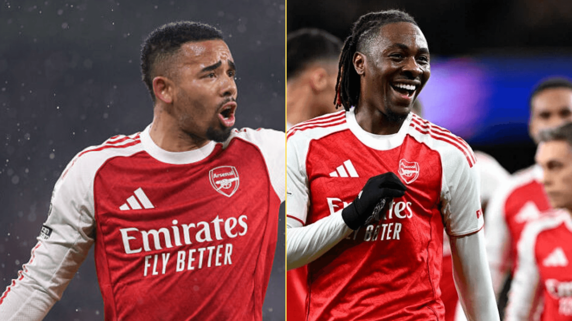 Split image of Gabriel and Eberechi Eze playing for Arsenal