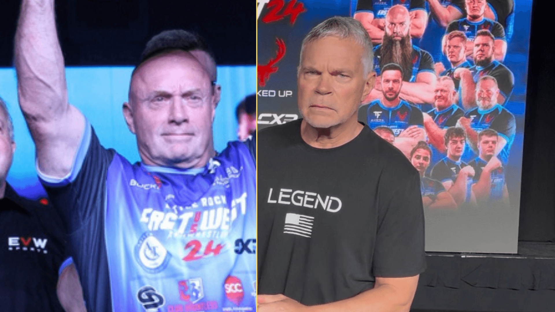 Split image of Todd Hutchings at the East vs West Armwrestling 24 press conference and John Brzenk being interviewed