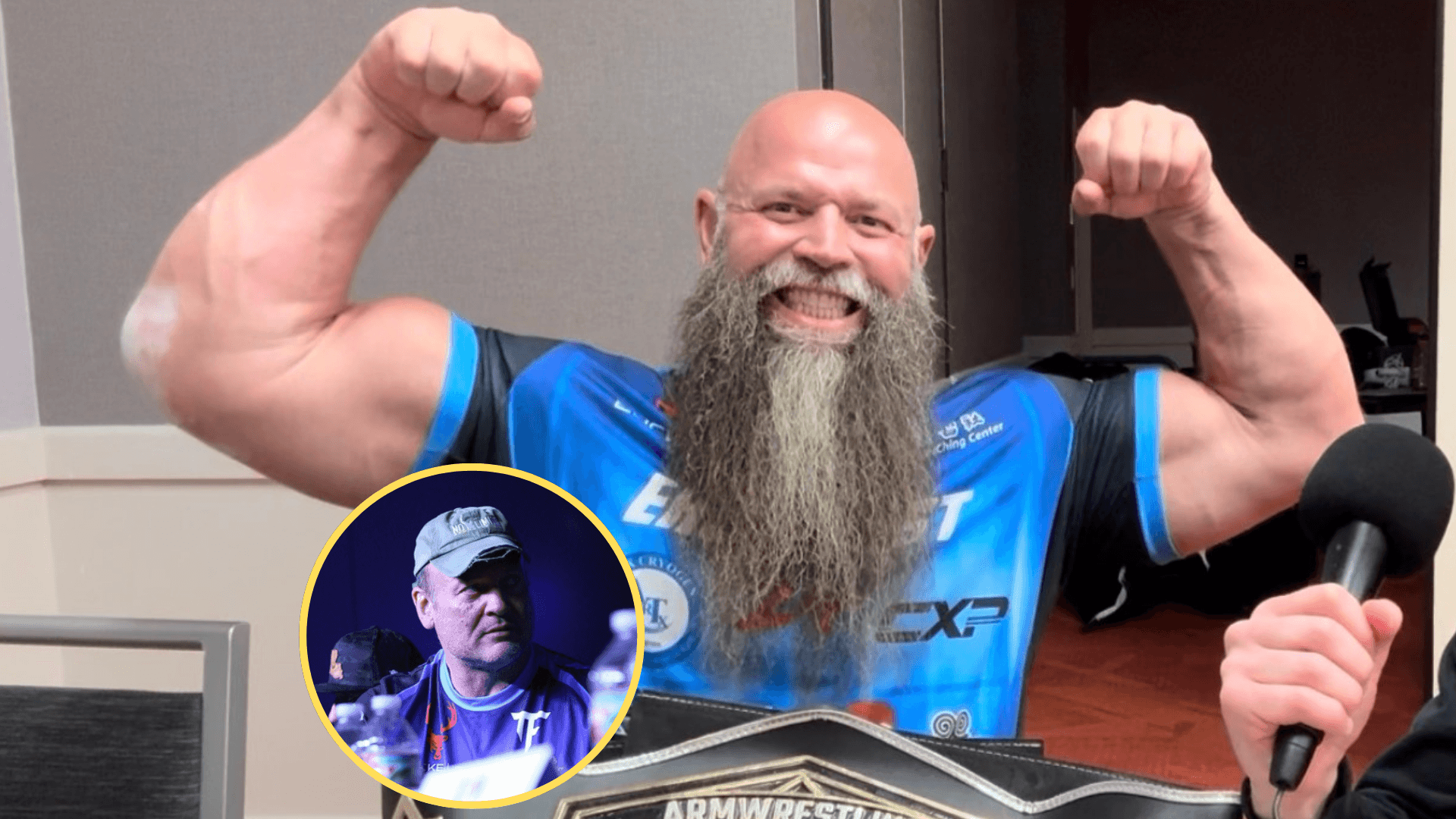 Michael Todd poses with his East vs West Armwrestling world title with an inset of Devon Larratt