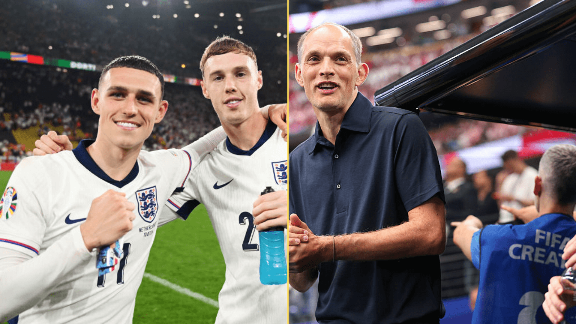 Split image of Phil Foden with Cole Palmer in England kits and Thomas Tuchel at the FIFA World Cup 2026