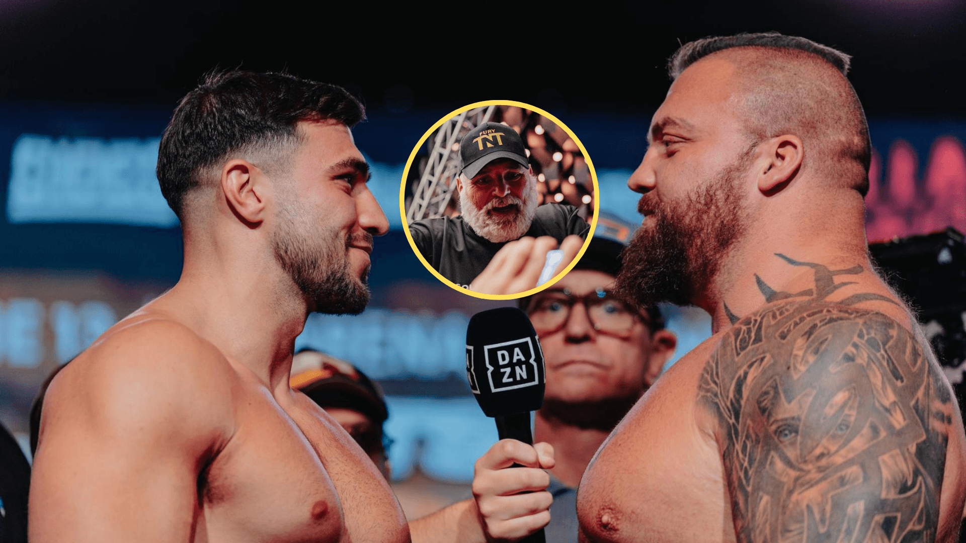 Tommy Fury facing off with Eddie Hall with an inset of John Fury