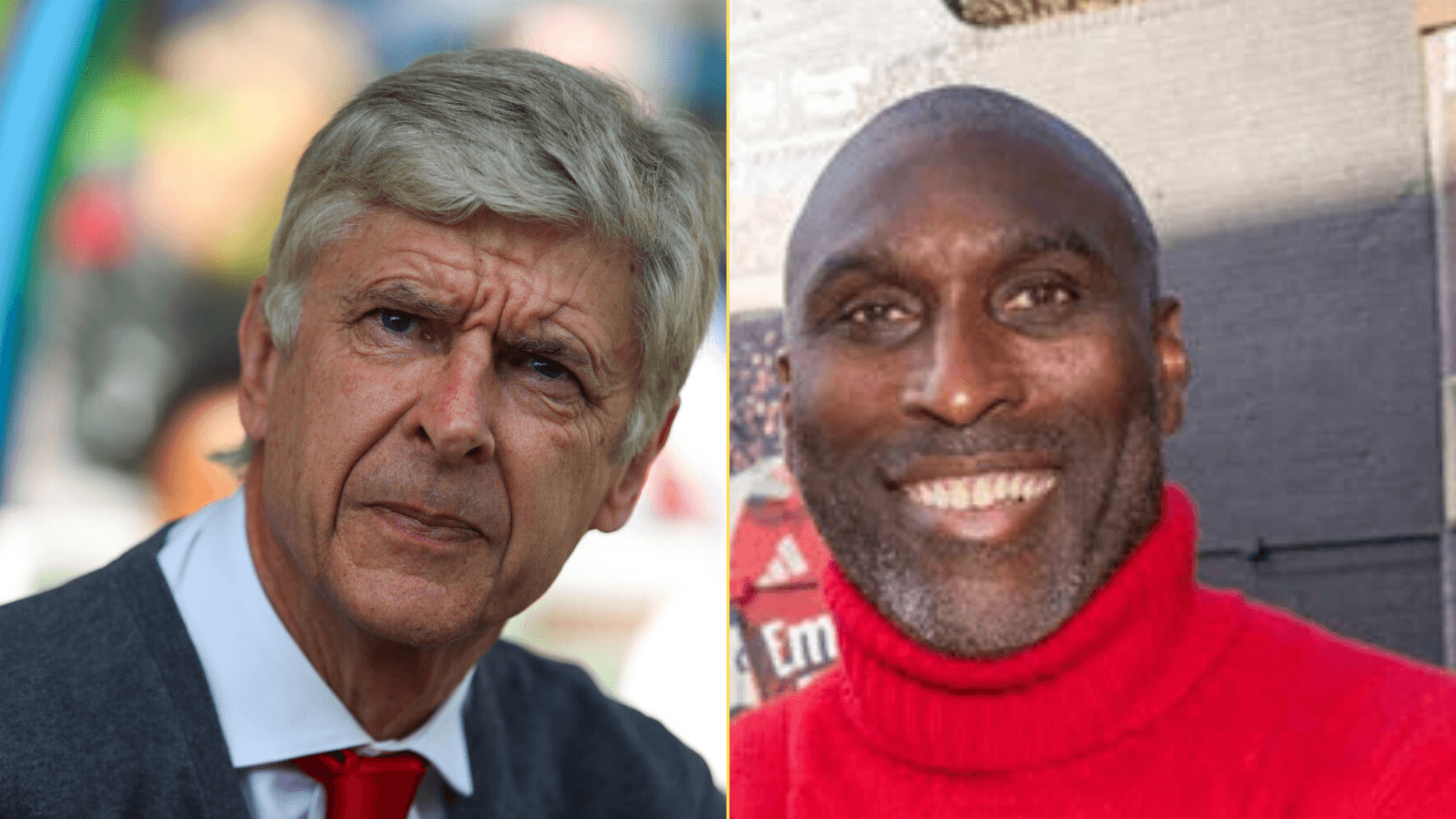 Split image of Arsene Wenger during an Arsenal match and Sol Campbell at an Arsenal mural