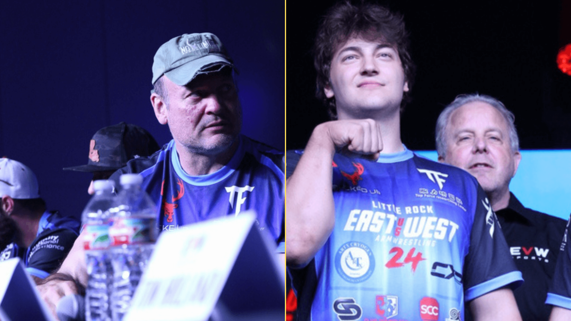 Split image of Devon Larratt and Auden Larratt at the East vs West Armwrestling 24 press conference
