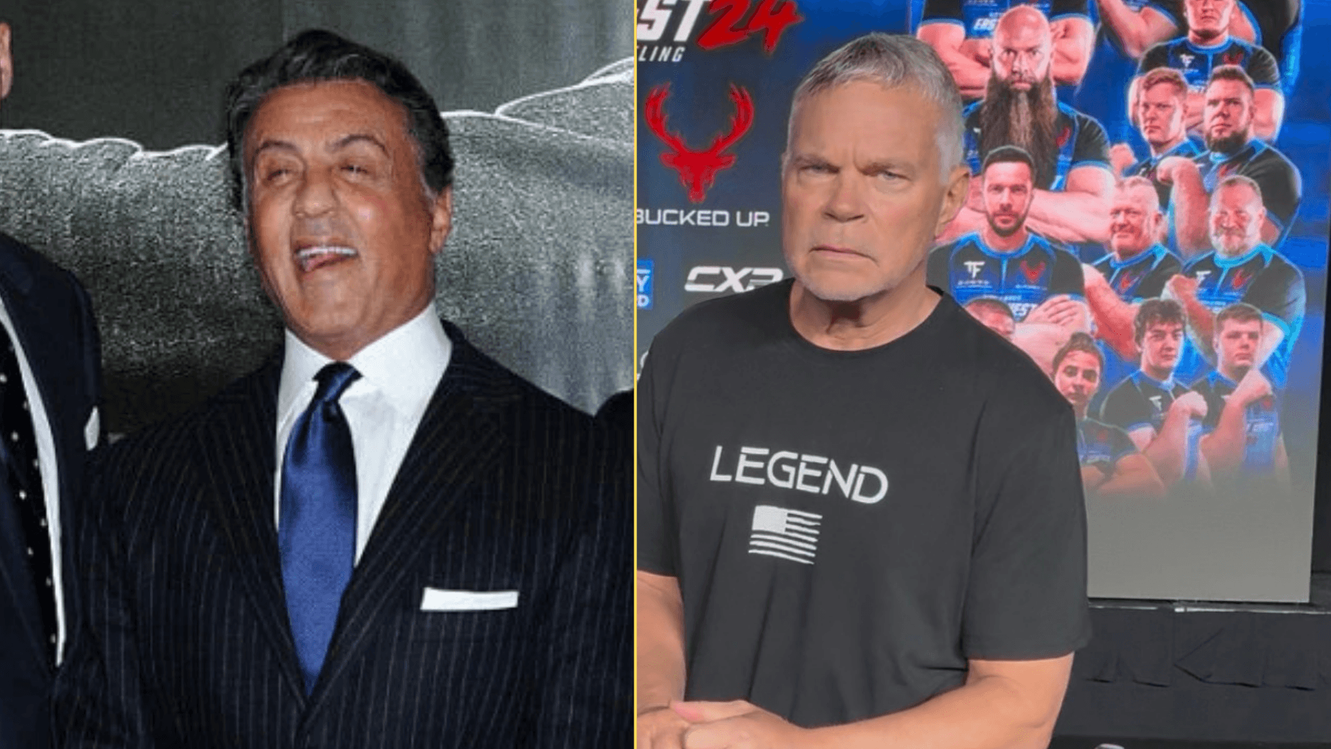 Split image of Sylvester Stallone at the Creed premiere and John Brzenk during an interview