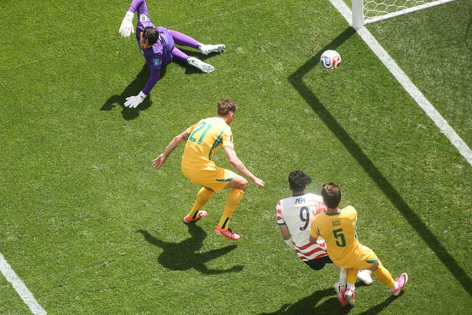 Cameron Burgess scores an own goal for Australia in the World Cup