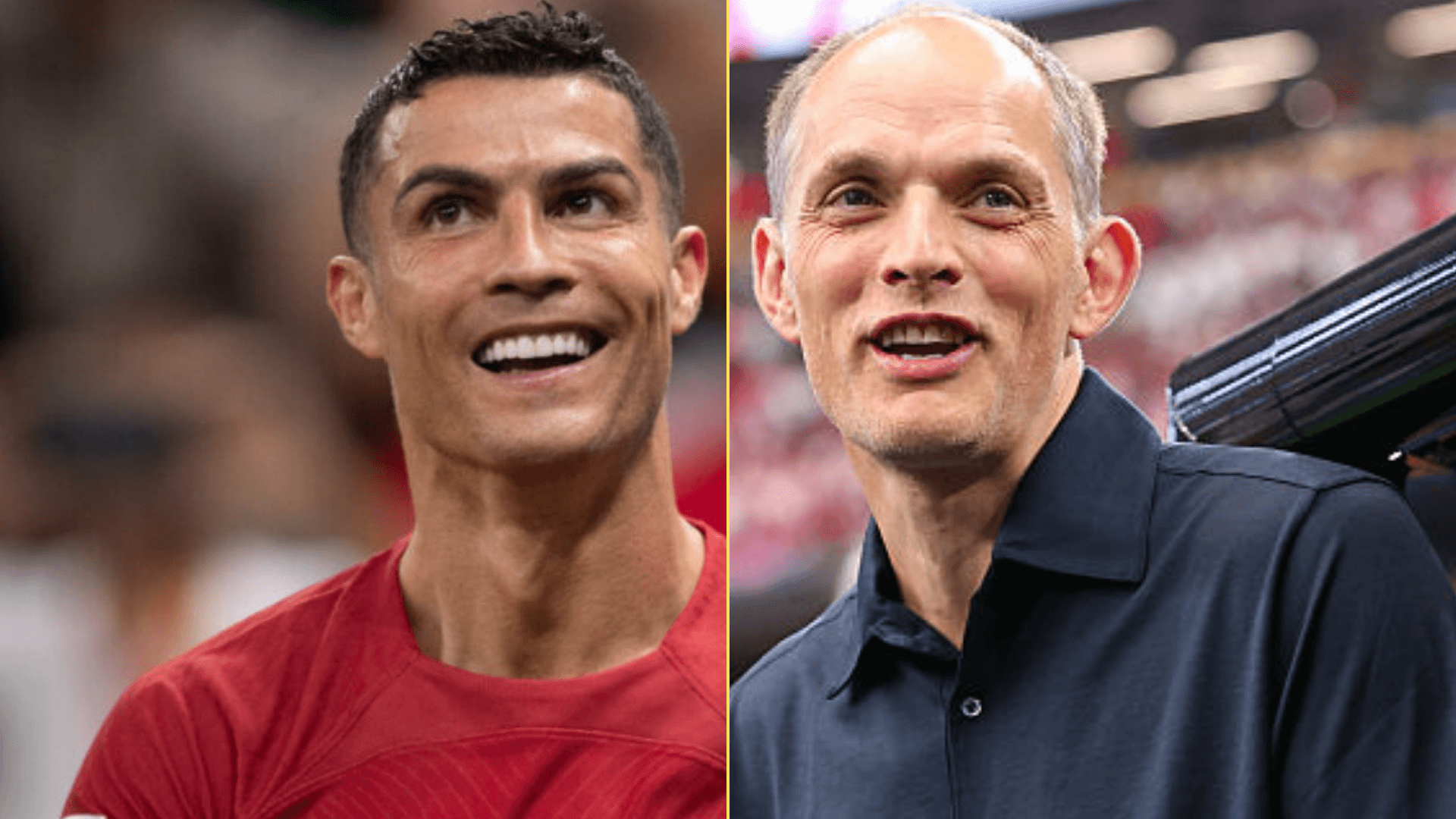 Split image of Cristiano Ronaldo playing for Portugal and Thomas Tuchel managing England